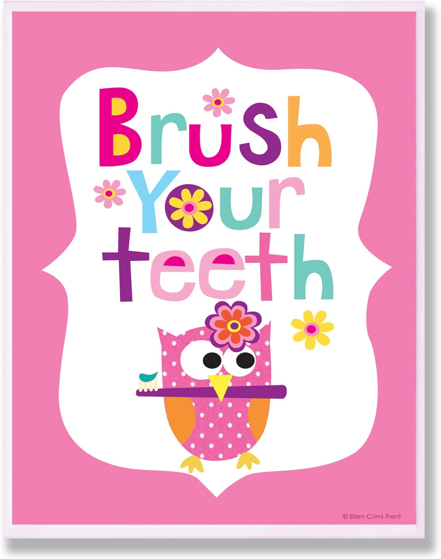 The Kids Room by Stupell Brush Your Teeth with Owl On Pink Back Background Rectangle Wall Plaque, 11 x 0.5 x 15, Proudly Made in USA