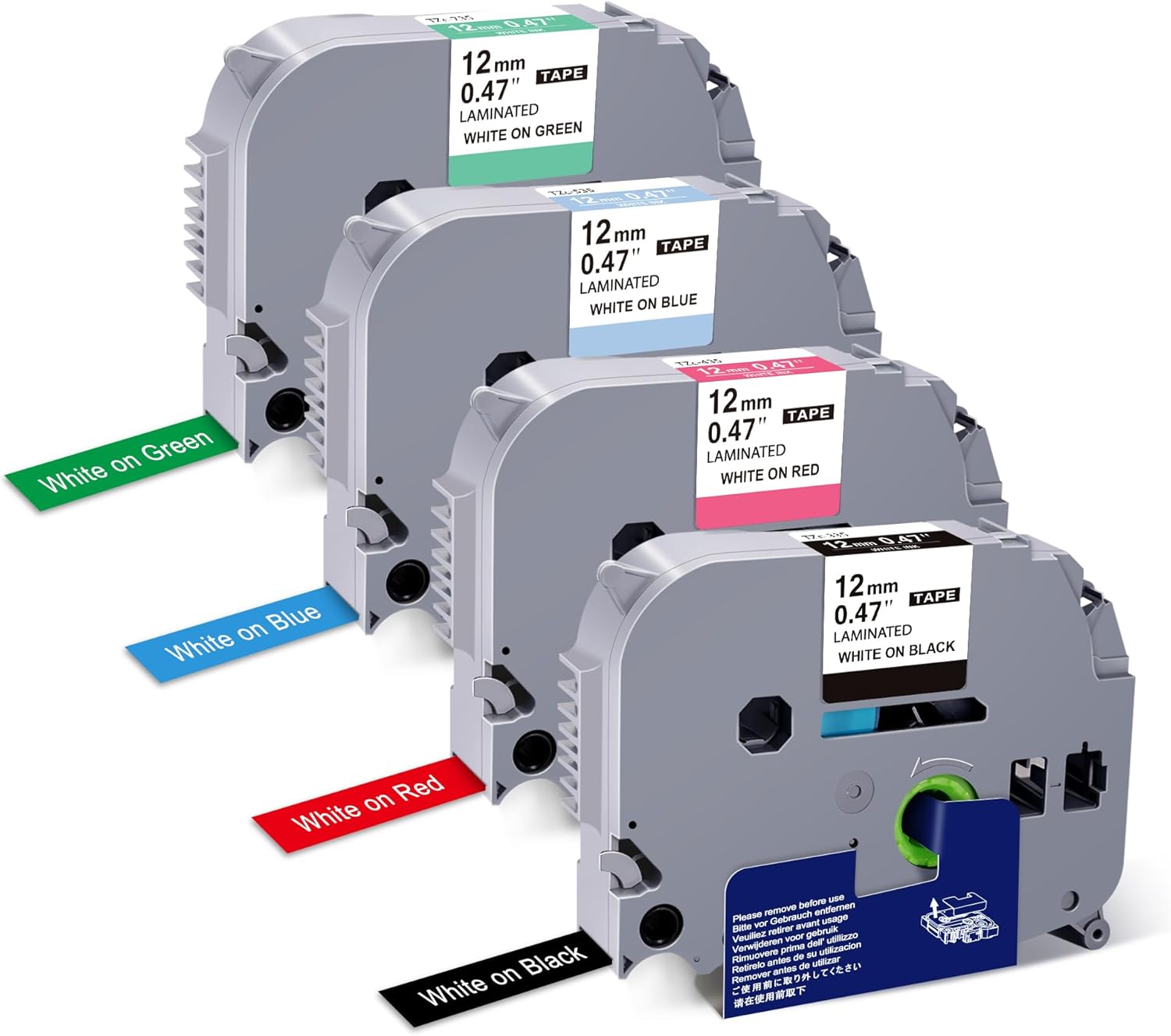 TITBIT 4 Pack Compatible with Brother Label Maker Tape 12mm 0.47” Laminated TZe 335 435 535 735 White on Black/Red/Blue/Green for P Touch Label Maker PTD210 PTH110 PTD600