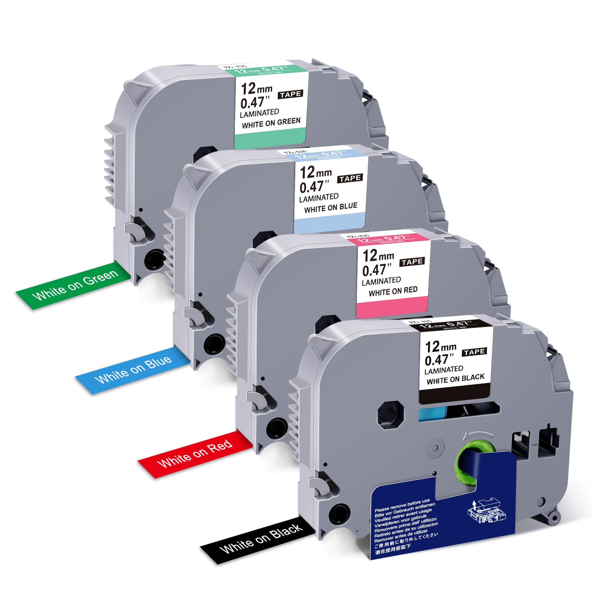 TITBIT 4 Pack Compatible with Brother Label Maker Tape 12mm 0.47” Laminated TZe 335 435 535 735 White on Black/Red/Blue/Green for P Touch Label Maker