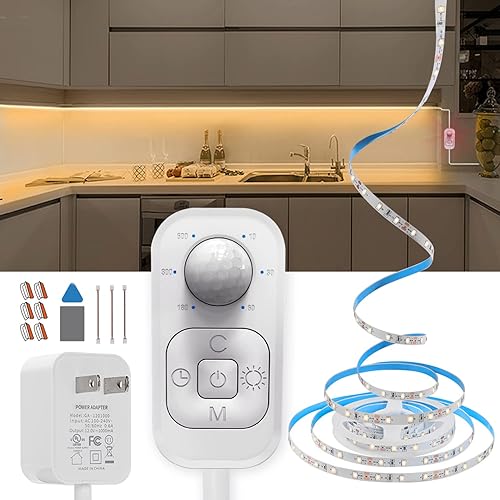 Tira de luz LED con sensor de movimiento, con adaptador de enchufe UL FCC, controlador multifuncional, atenuador y temporizador, luces debajo del