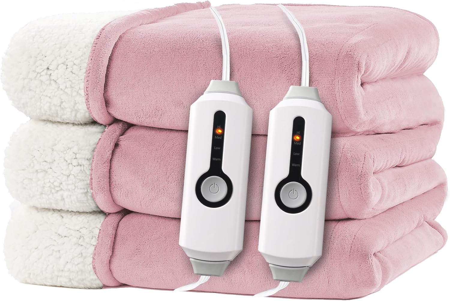 Electric Heated Blanket King Size 90"x100" - Dual-Sided with Microplush & Sherpa Fabric, 4 Heat Settings & 10 Hours Auto Off, Dual Controller, Machine Washable - Light Pink