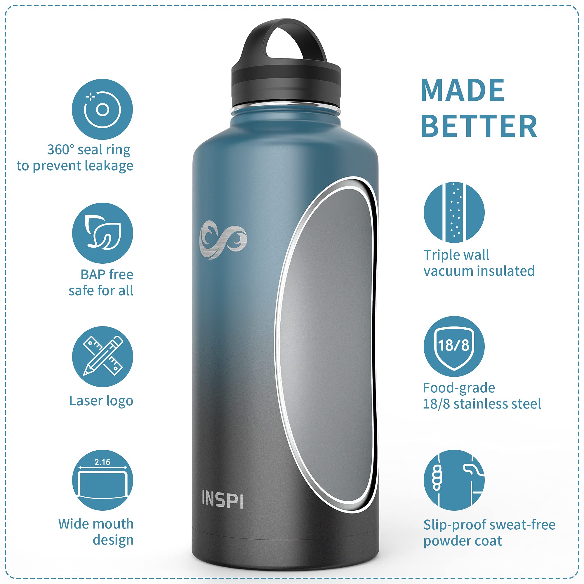 INSPI Isolierte Edelstahl-Wasserflasche 1,8 L – Hält 48 H Kalt, 24 H Warm, Mit 3 Deckeln Inkl. Strohhalm