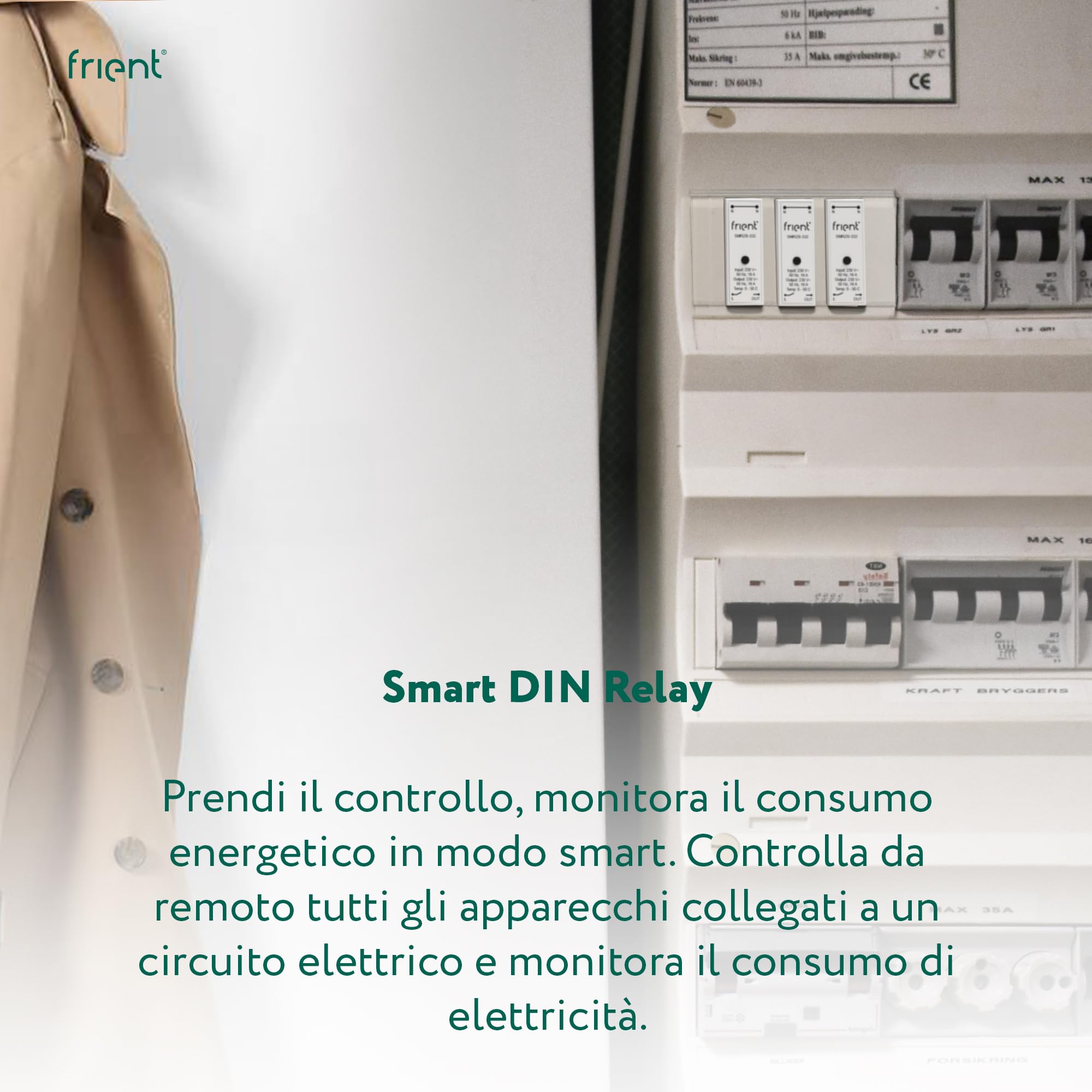 frient Relè Smart DIN - Interruttore di accensione/spegnimento da remoto | Funzionalità di misurazione della potenza integrata - Carica continua a 16A - Zigbee - Funziona con Homey e SmartThings