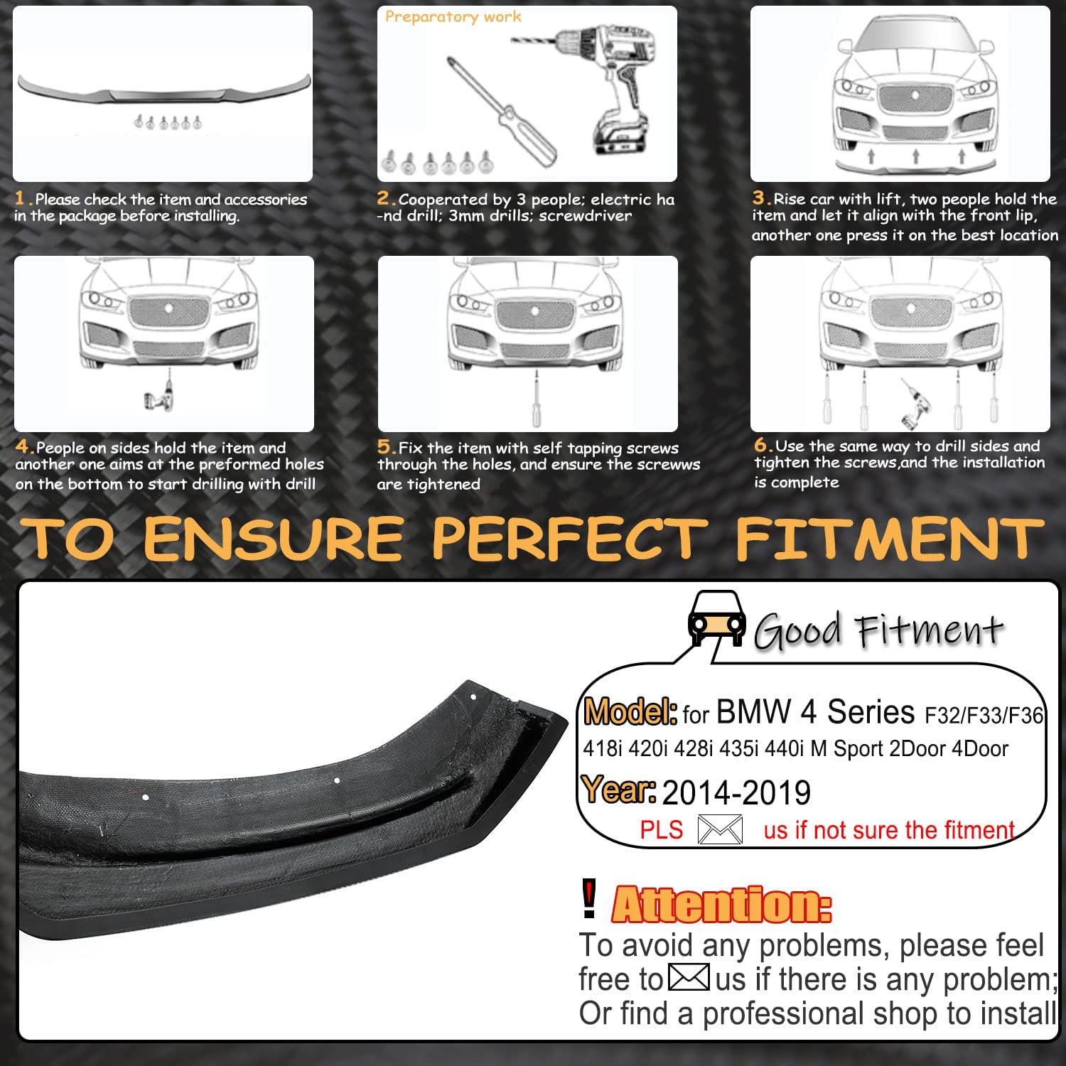 MCARCAR KIT Carbon Fiber Front Lip Compatible with BMW 4 Series F32 F33 F36 M Sport 2014-2019 418i 420i 428i 435i 440i Front Bumper Lip Splitter Spoiler Protector Factory Outlet