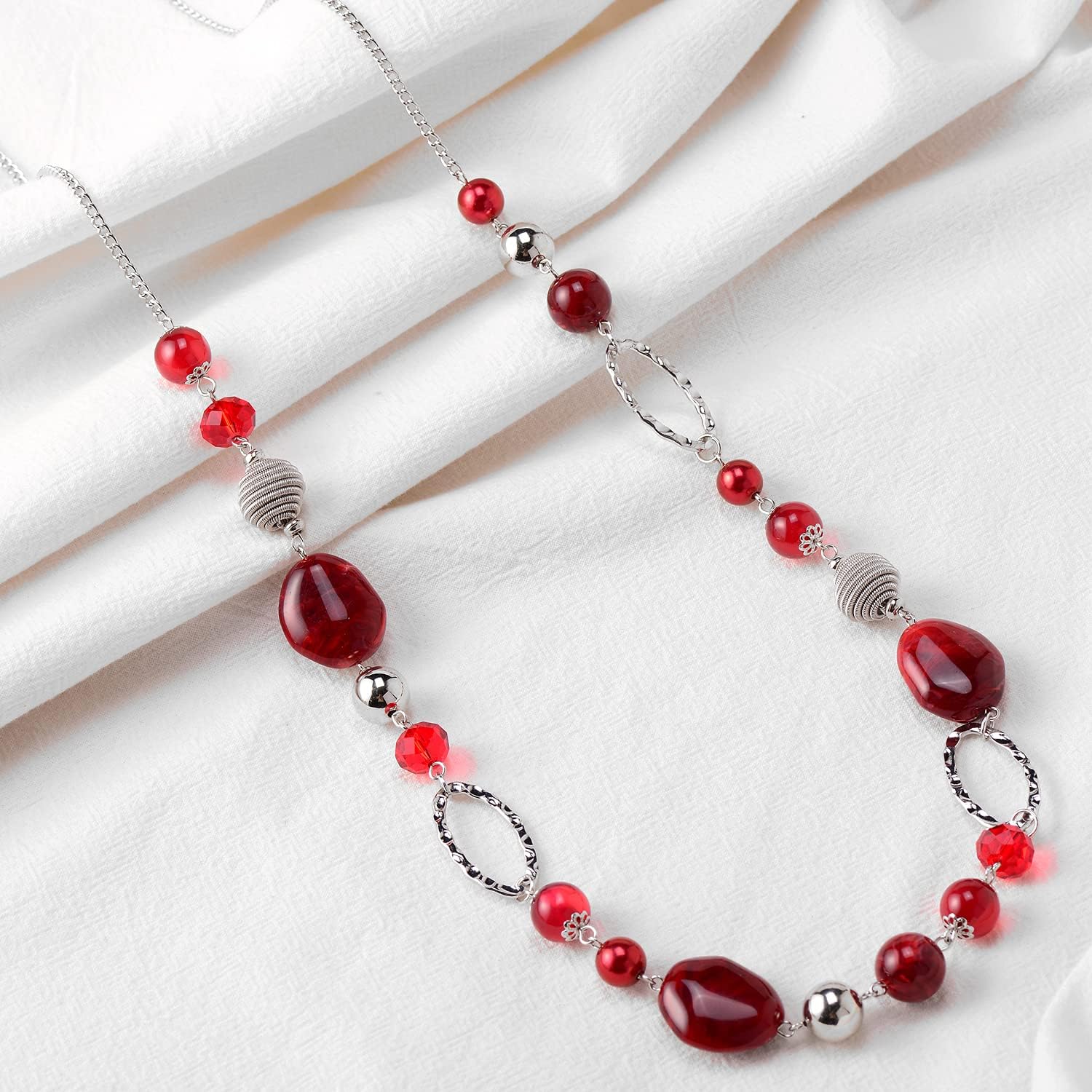 BULINLIN Beaded Long Necklace for Women Silver Sweater Chain Necklace with Crystal Resin Beads, Fashion Jewelry Necklace - Image 3