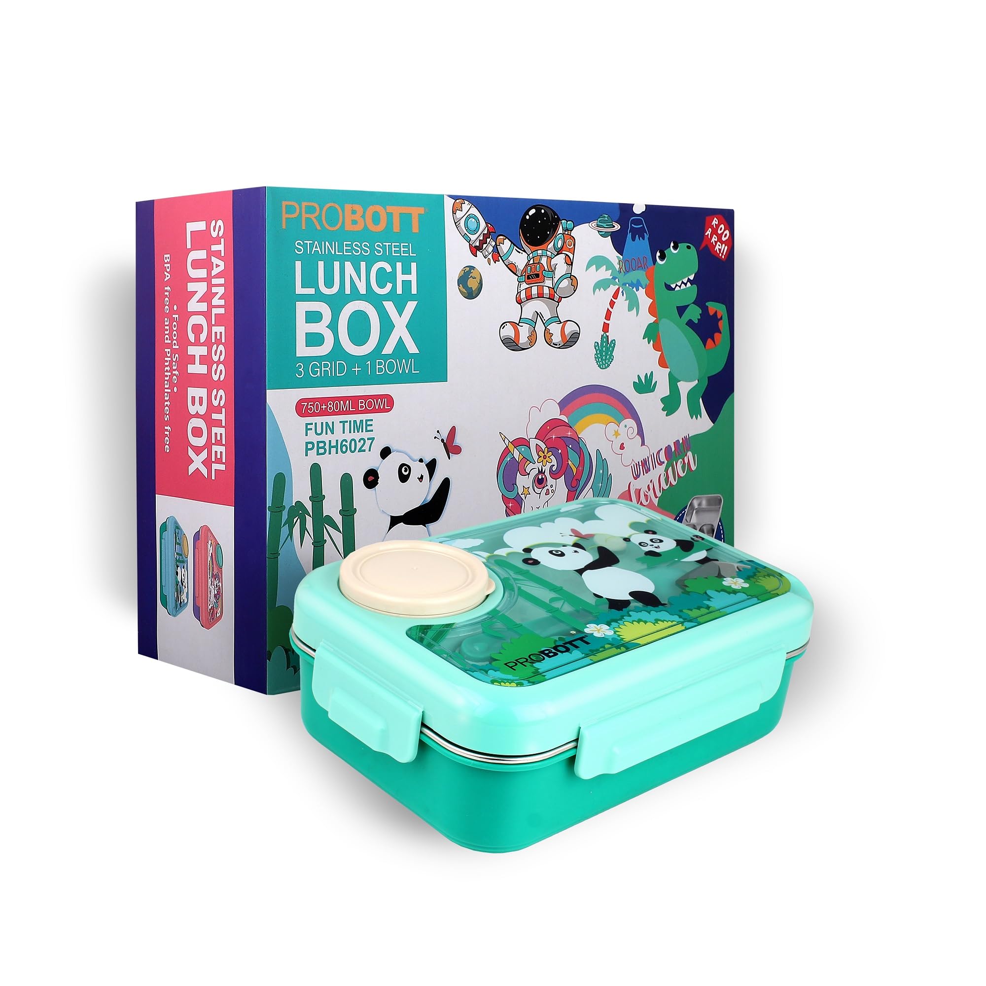 PROBOTT Fun Time 750 ml Stainless Steel Lunch Box for Kids Women Office Use, 3 Grid 80ml Bowl Tiffin Box, Character Lid PP Material Perfect for School, Office, Travel, Picnic | Aqua Blue + Green