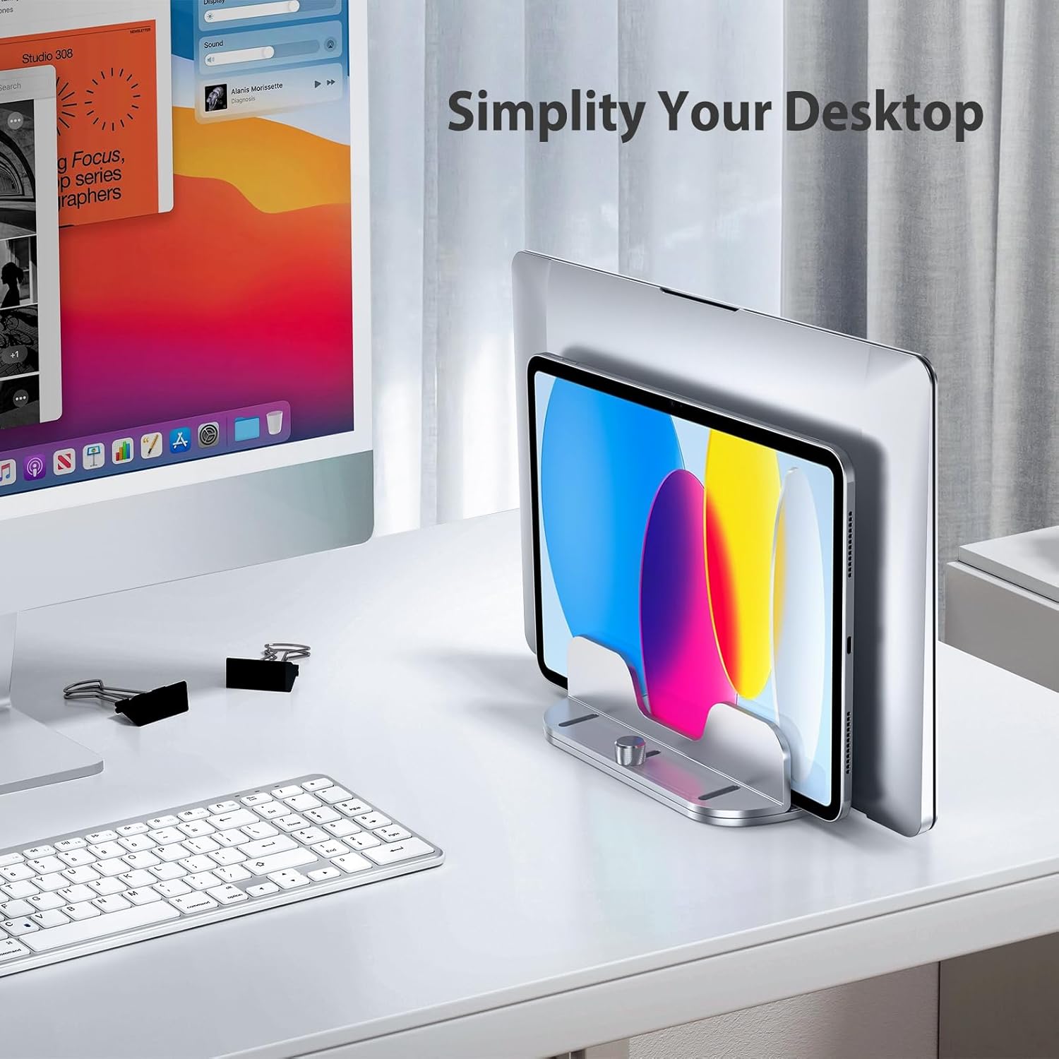 Vertical Laptop Stand Holder for Desk, Aluminium Dual Slots Laptop Stand with Adjustable Dock Fits All MacBook, Surface, HP, Dell, Chromebook, Lenovo, Up to 17.3-inch Laptop & Tablet