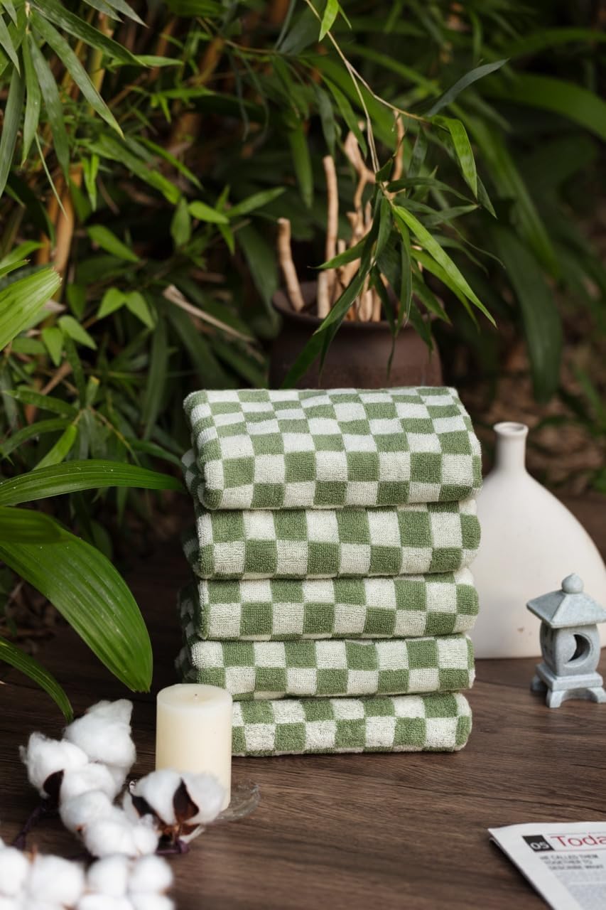 Hand Towels 5 Pack - Cotton Face Towels Soft, Absorbent, and Decorative Checkered Design for Bathroom, Kitchen, Gym, and Spa - 13 x 29 Inches for Any Occasion (Green) - Image 6