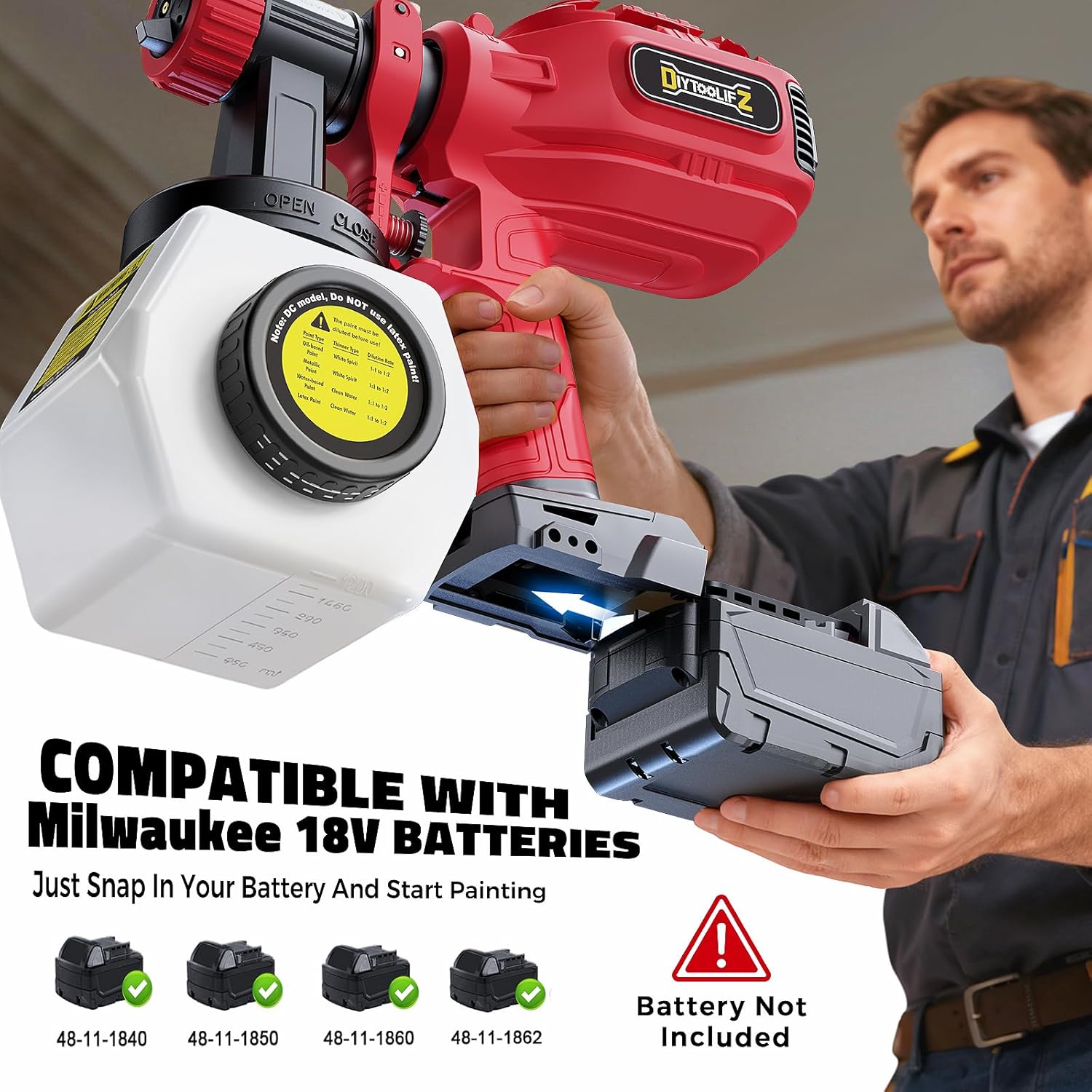 DIYtoolifz Cordless Paint Sprayer Compatible with Milwaukee 18V Battery, 1200ML Electric Spray Paint Gun with 4 Nozzles & 3 Patterns, Quick Side Fill, Easy to Clean for House Painting(Tool Only)