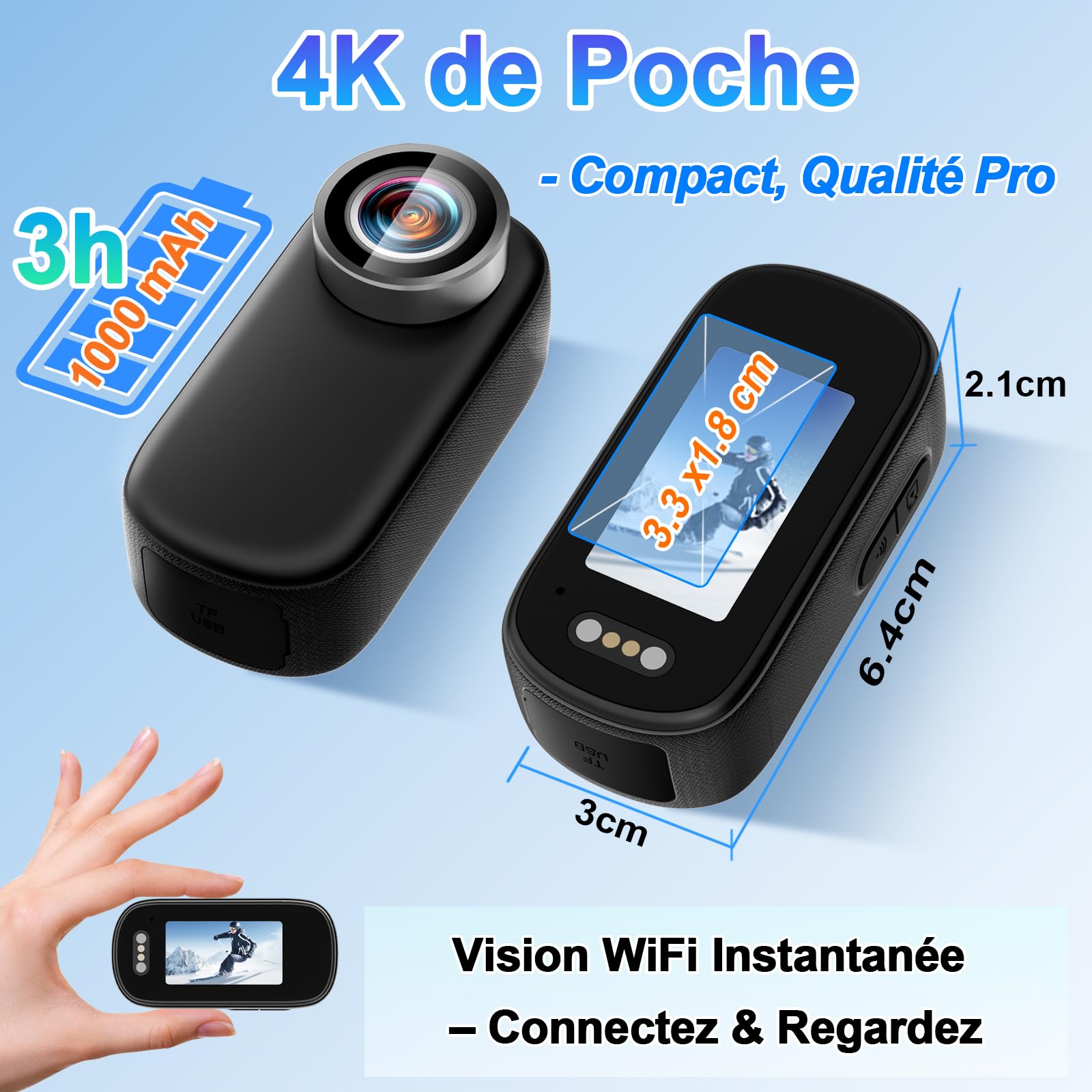 Camera Moto 360 4K WiFi 150° IP65, avec 64GB & écran