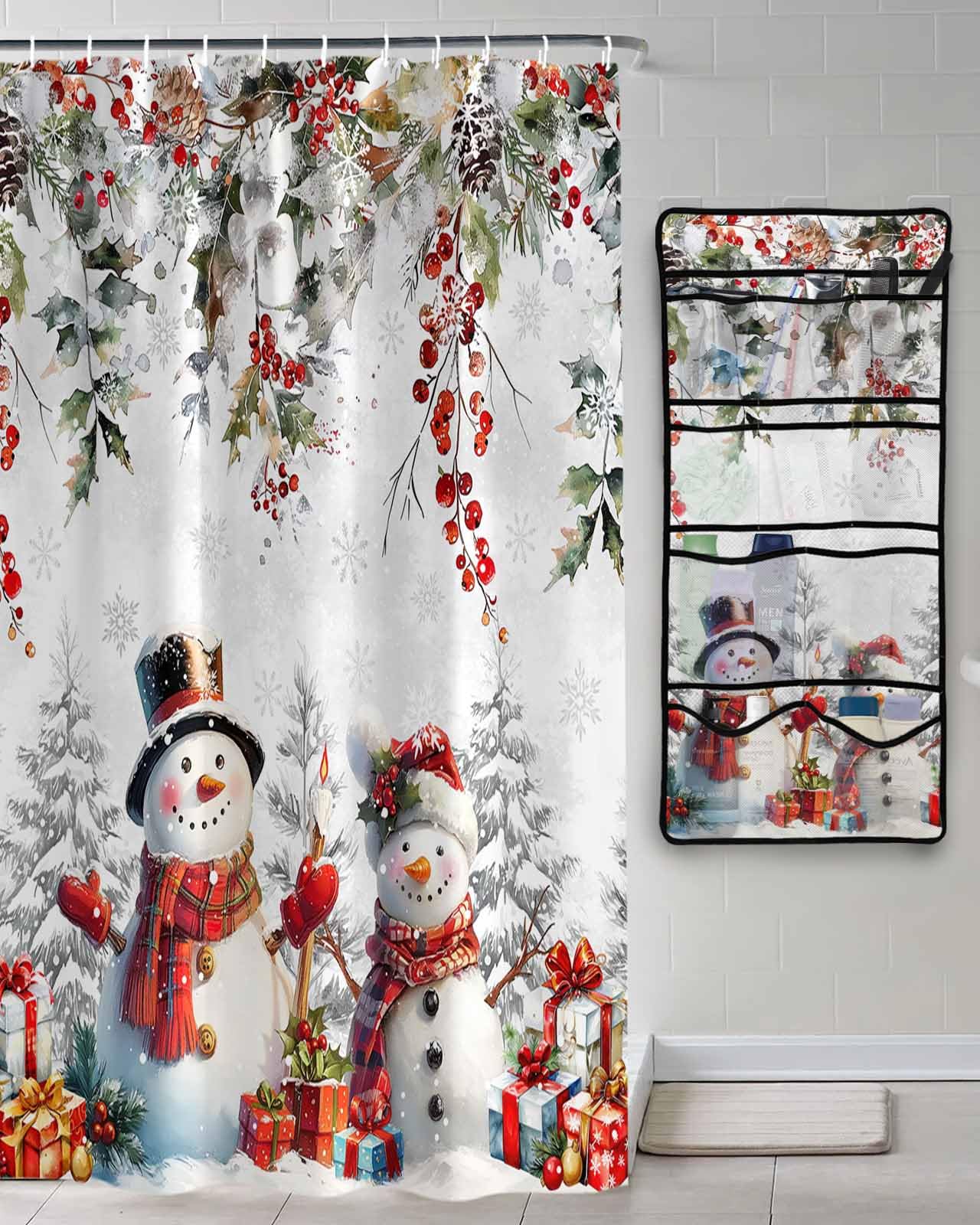 Decorative Shower Curtain Sets Christmas Snowman Polyester Fabric Waterproof Bath Shower Curtains Winter Xmas Tree Berry White Mesh