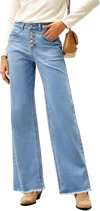 Trendy Womens Baggy Wide Leg Jeans High Rise Stretchy Denim Pants with Raw Hem & Comfort Fit