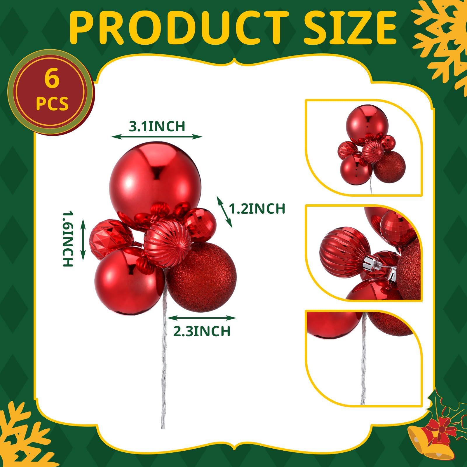 Soulchen 6 große Weihnachtskugel-Cluster, Set mit 6 Weihnachtsbaumkugeln, Ornament, Cluster für Weihnachtsbaum, Weihnachtsdekoration, Rot, matt
