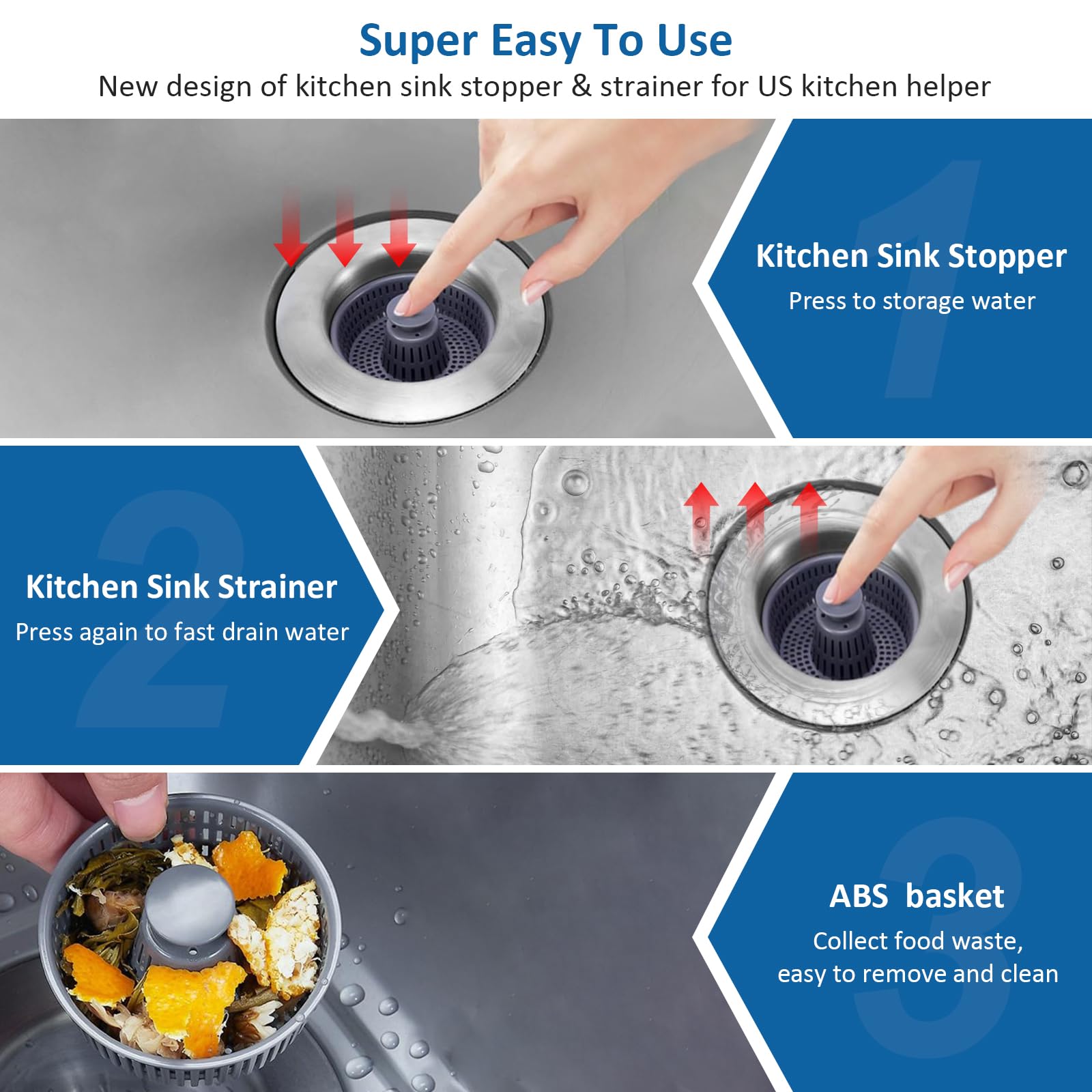3-in-1 Abflusssieb Für Küchenspüle - Edelstahl-Korbfilter Mit Pop-Up-Stopfen (für 8,9 Cm Abfluss)