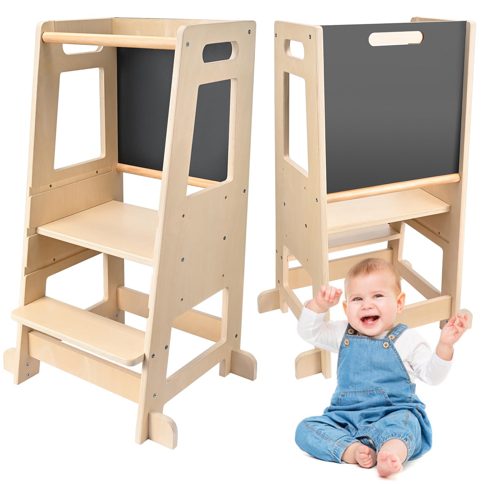 Helangel Tour de observación Montessori, Torre de aprendizaje Montessori para niños, Torre de aprendizaje con estantes ajustables para niños Montessori Learning Natural Wood Kitchen Helper Safety