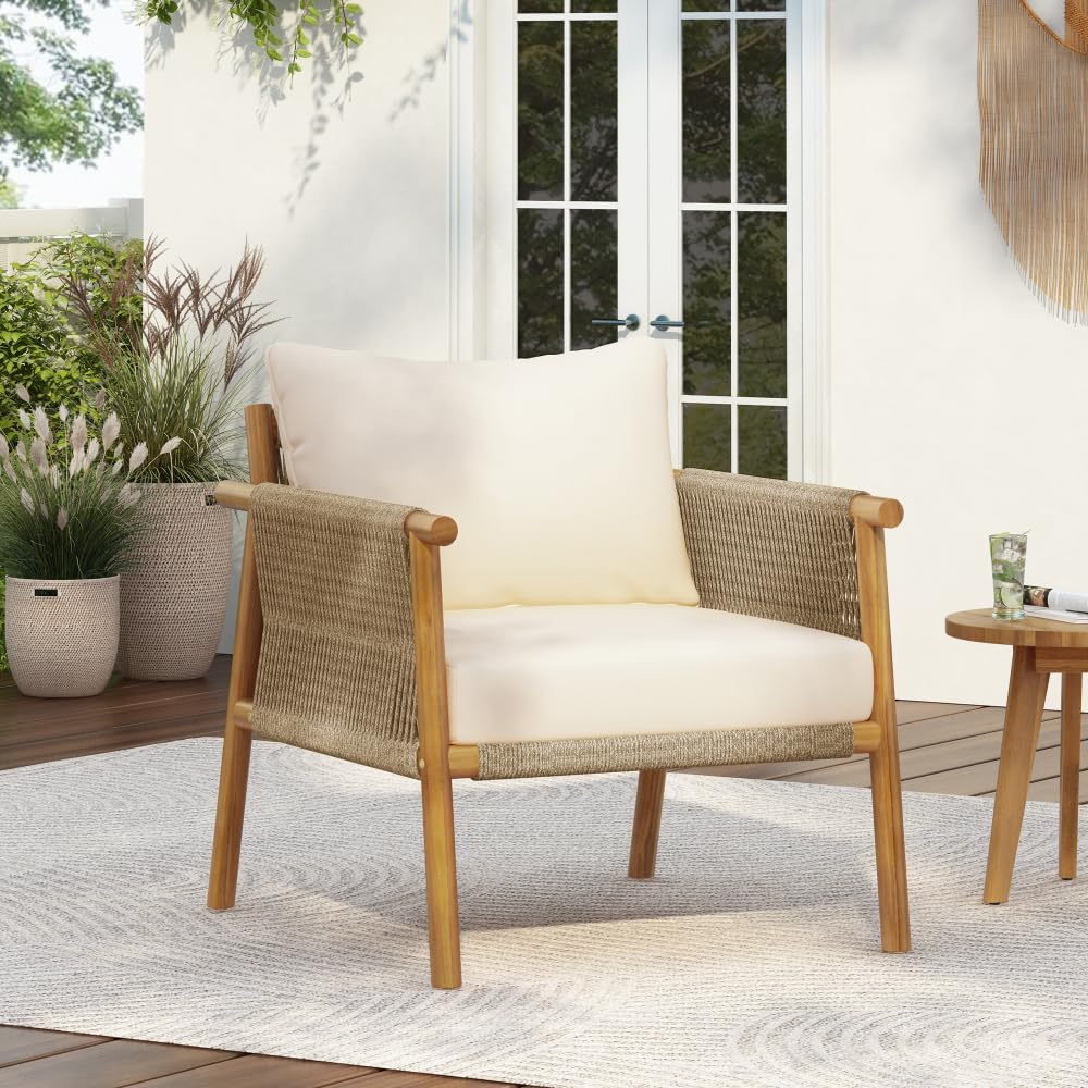 28" Modern Outdoor Woven Lounge Chair with Solid Wood Frame and Comfortable Polyester Cushions, Perfect for Patio, Garden, or Balcony