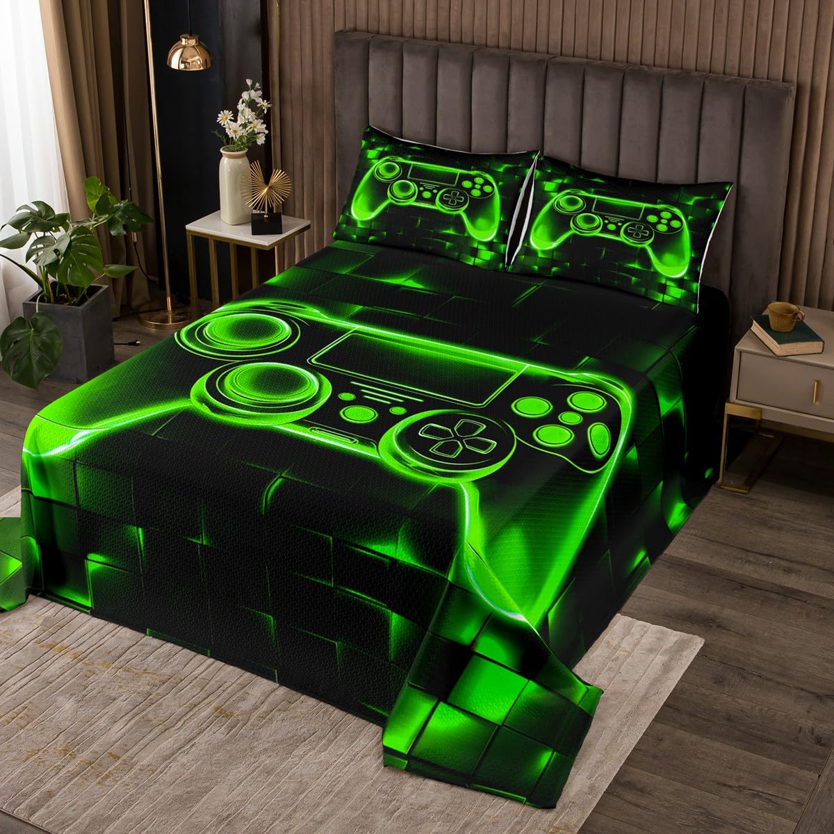 Manfei Green Gaming Bedspread Twin Size, Geometric Grid Gamepad Gamer Coverlet Set 2pcs, Video Games Quilted Coverlet with 1 Pillowcase, Kids Boys Girls Room Decor, Soft Bedding Quilt