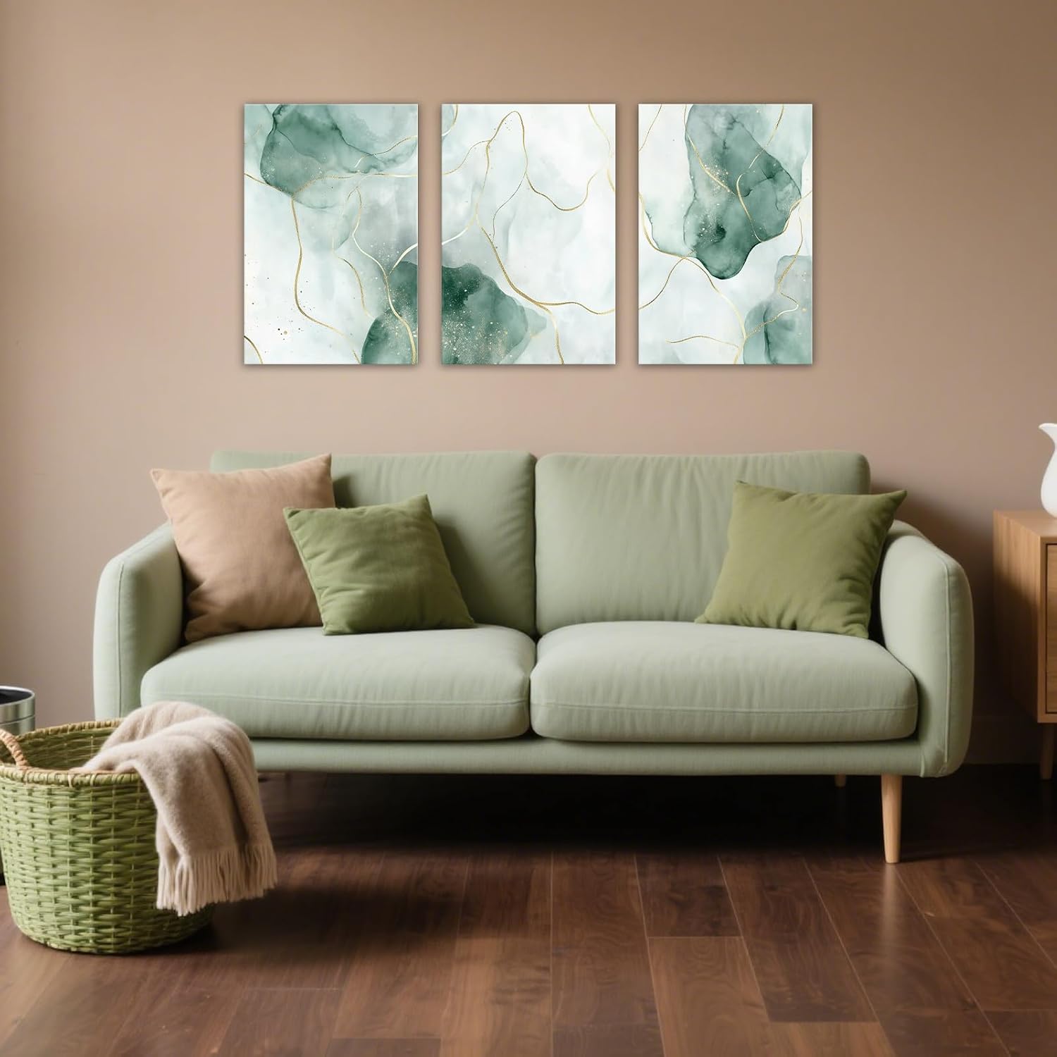 GLOKAKA Green Gold Abstract Wall Art Set Of 3 Minimalist Green Art Contemporary Ink Like Decor for Living Room Bedroom Home Office(Artwork-1,11"x14"x3pcs)