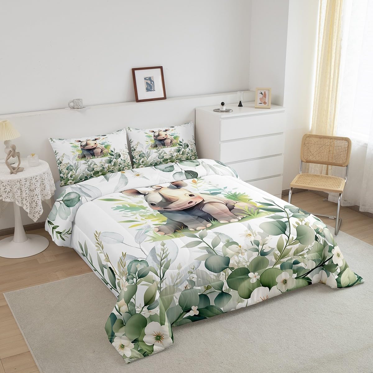 Erosebridal Kawaii Rhino Bedding Full Size for Boys Girls Cartoon Animal Comforter Set Full, Eucalyptus Leaves Duvet Insert Woodland Wildlife Quilt Comforter, Tropical Plants Bedding Comforters & Sets