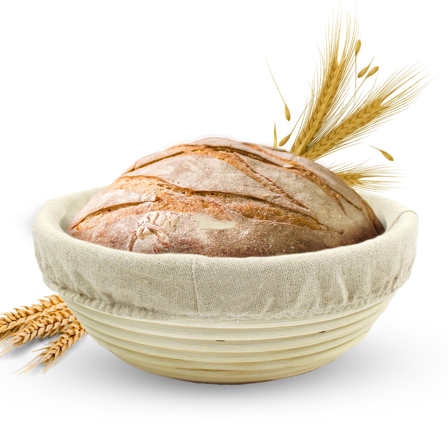 Banneton Bread Proofing Basket Sourdough Proofing Basket for Beginner & Professional Bakers, Handwoven Rattan Cane Bread Maker with Linen for Artisan Breads, 10 x 3.5 In, 2-Pound Round Brotform