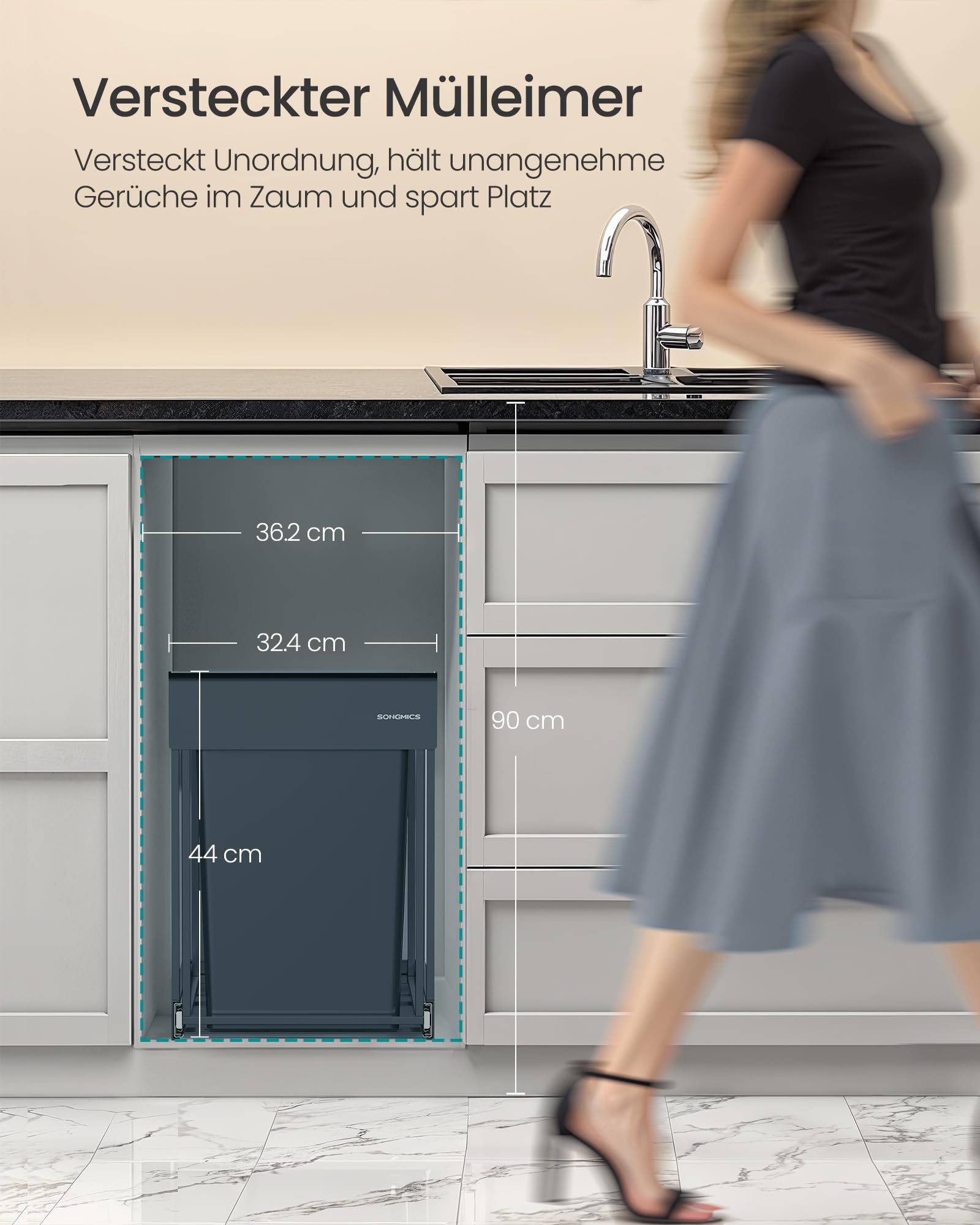 SONGMICS Mülleimer küche 2 x 20 L ausziehbar Mülltrennsystem Stahlrahmen grau