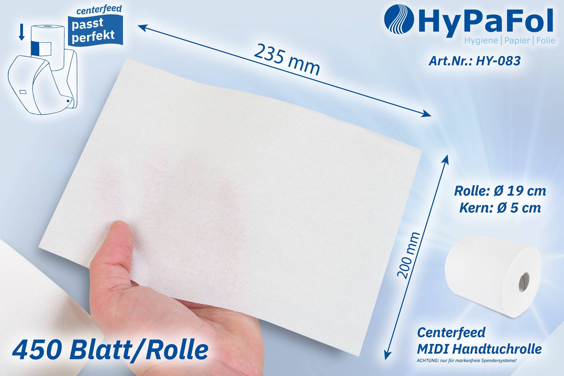 Hypafol Handtuchrolle aus Zellstoff | 2-lagig, 6 Rollen, hochweiß,20 x 23,5 cm, Ø19 cm |mit bequemer Innen- und Außenabwicklung - Perfekt für Sauberkeit und Hygiene!