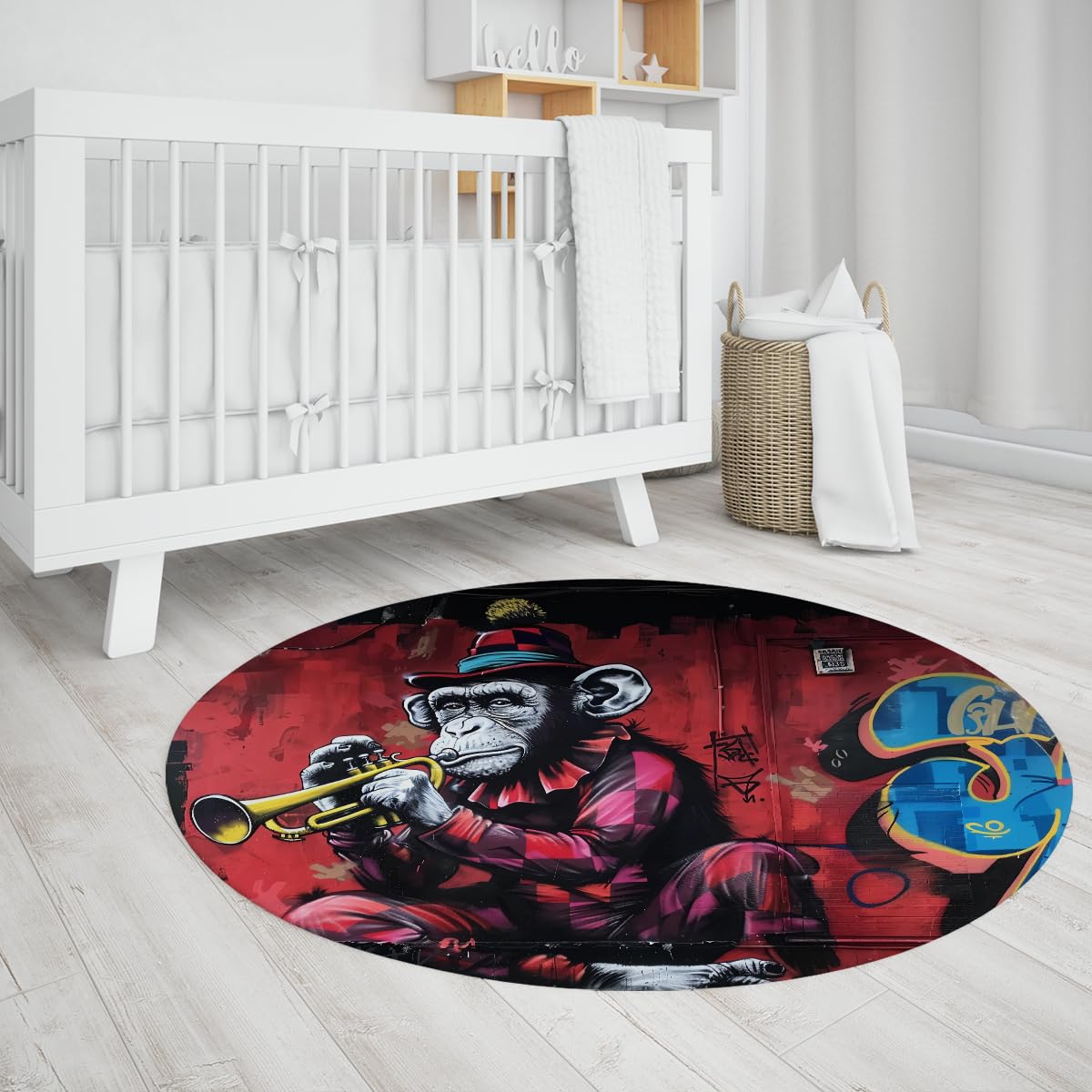 Tapis d'entrée rond 80cm lavable et antidérapant style singe street art