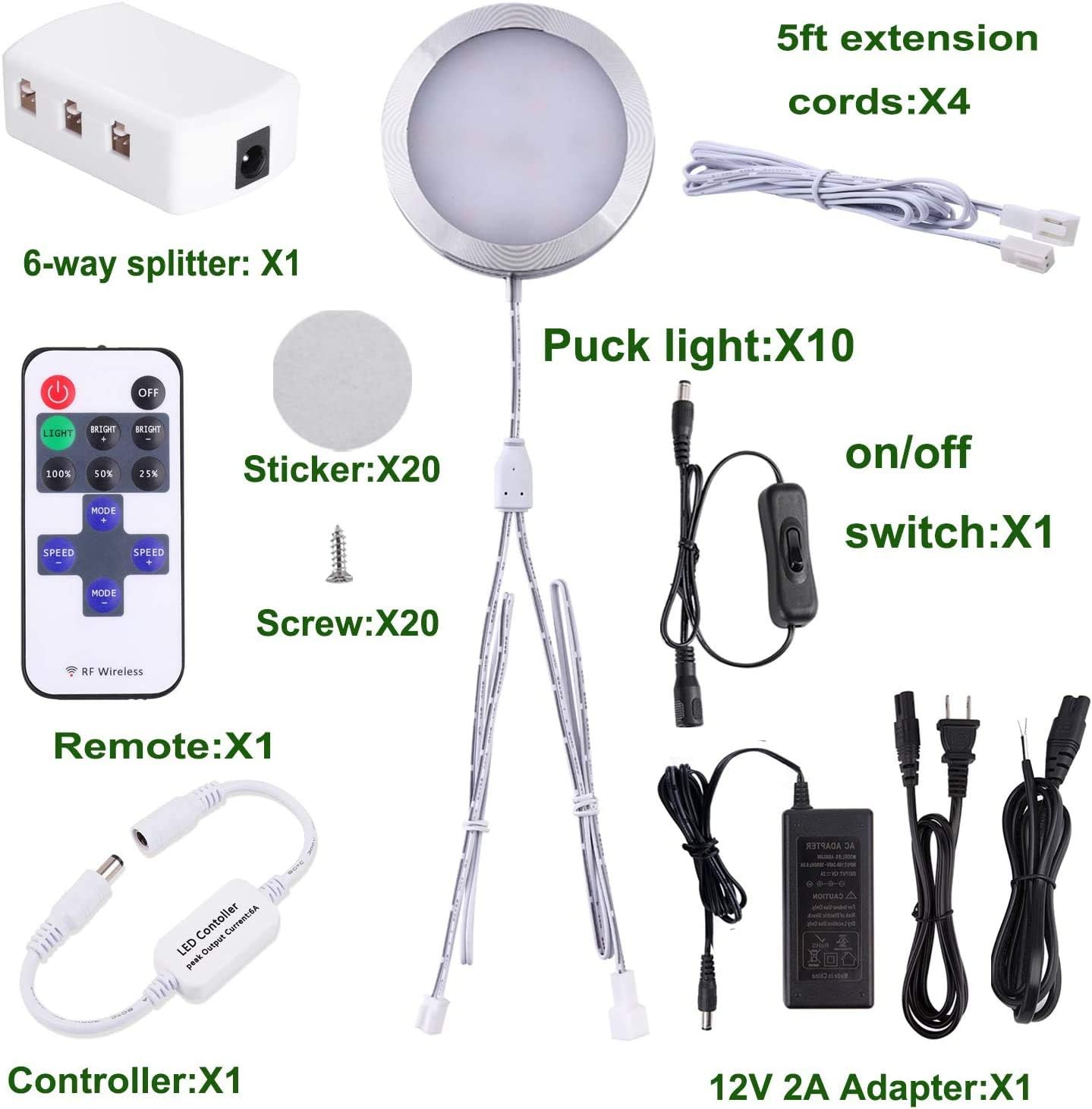 AIBOO Linkable Under Cabinet LED Lighting 12V Dimmable Puck Lights with Wireless RF Remote Control, Hardwired & Wall Plug in for Display Lighting(10 Lights, Daylight White)