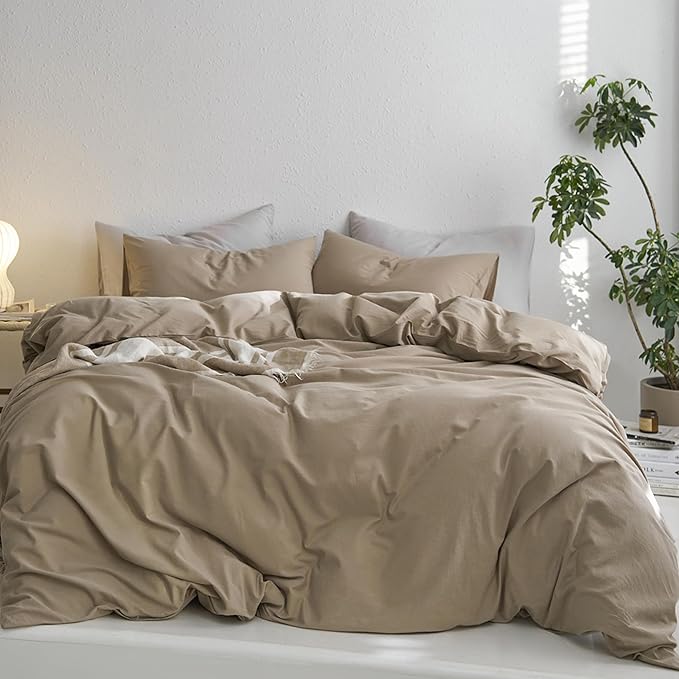MooMee Queen Duvet Cover Set, 100% Washed Cotton Linen LikeTwill Thick Sturdy Material Super Soft Breathable Durable Bedding for All Season, 3 Pieces (Mocha Brown, Queen 90"x90")