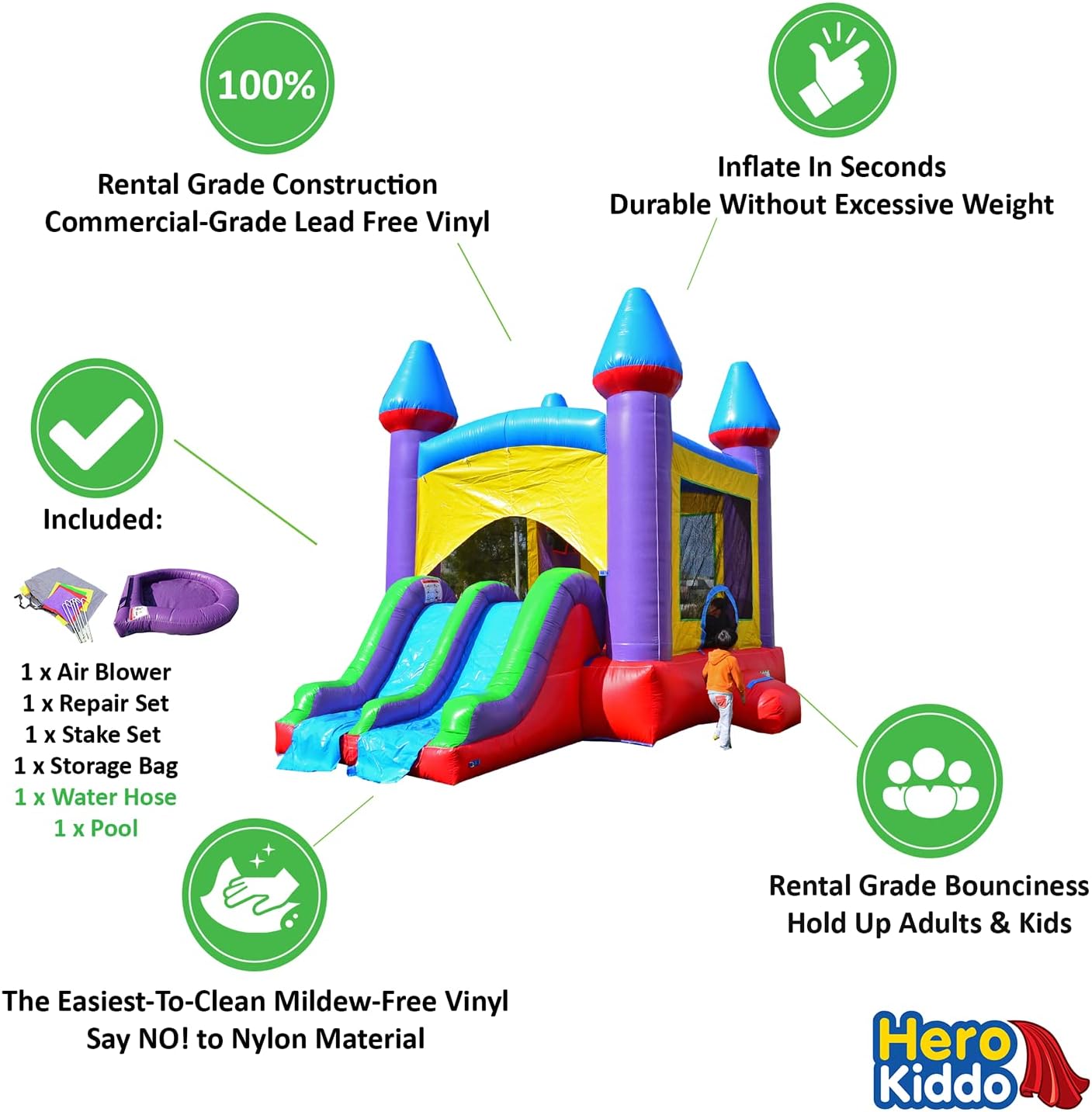 HeroKiddo Jelly Bean Castle Commercial Grade Bounce House Water Slide with Splash Pool (with Blower), Kids and Adults, Basketball Hoop, Wet Dry Combo, Inflatable, Outdoor Indoor, Birthday Party