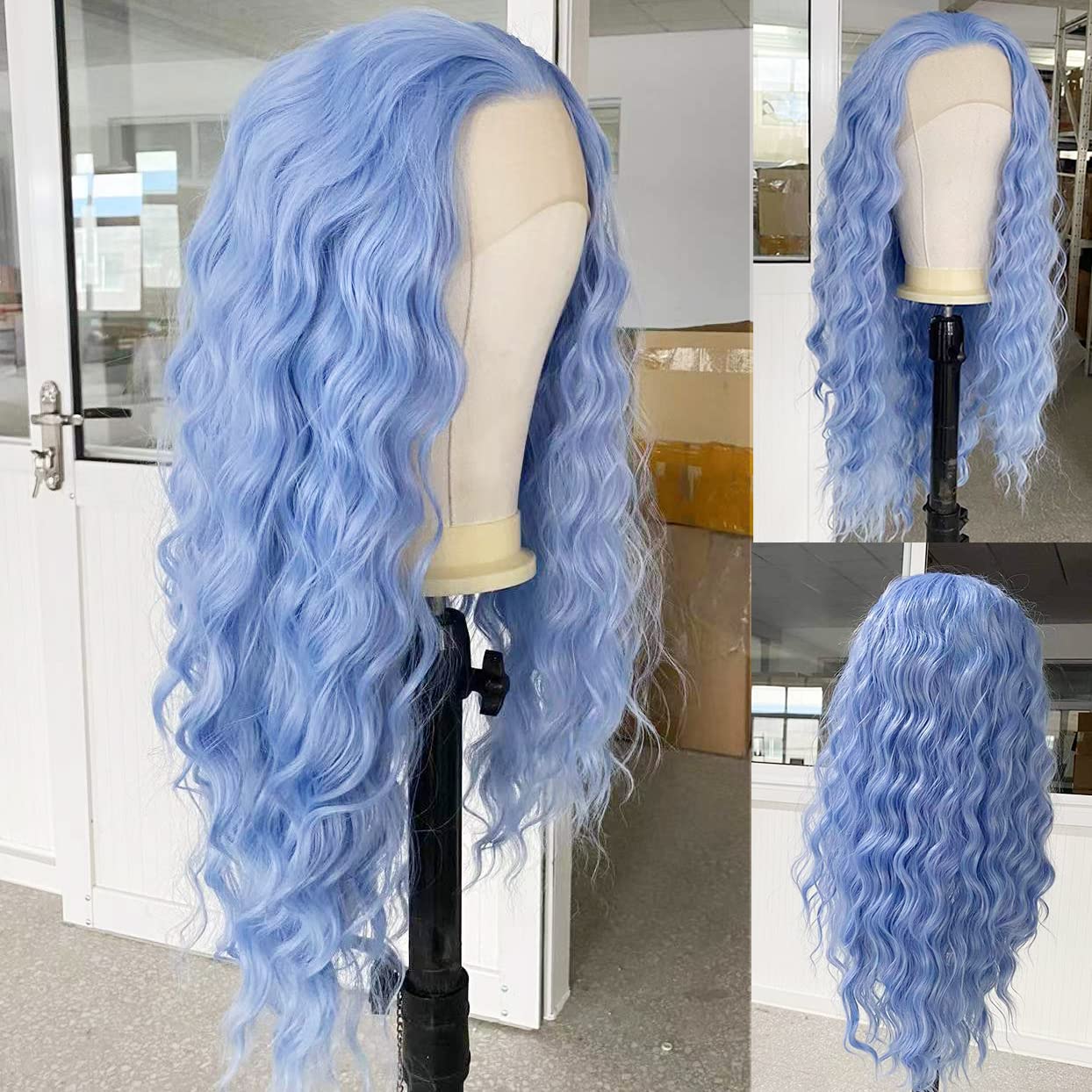Light Blue Body Wave Lace Front Wigs for Women Long Light Blue Free Part Natural Hairline Lace Front Synthetic Cosplay Wigs Glueless Daily Wear Costume Wig 24 Inches