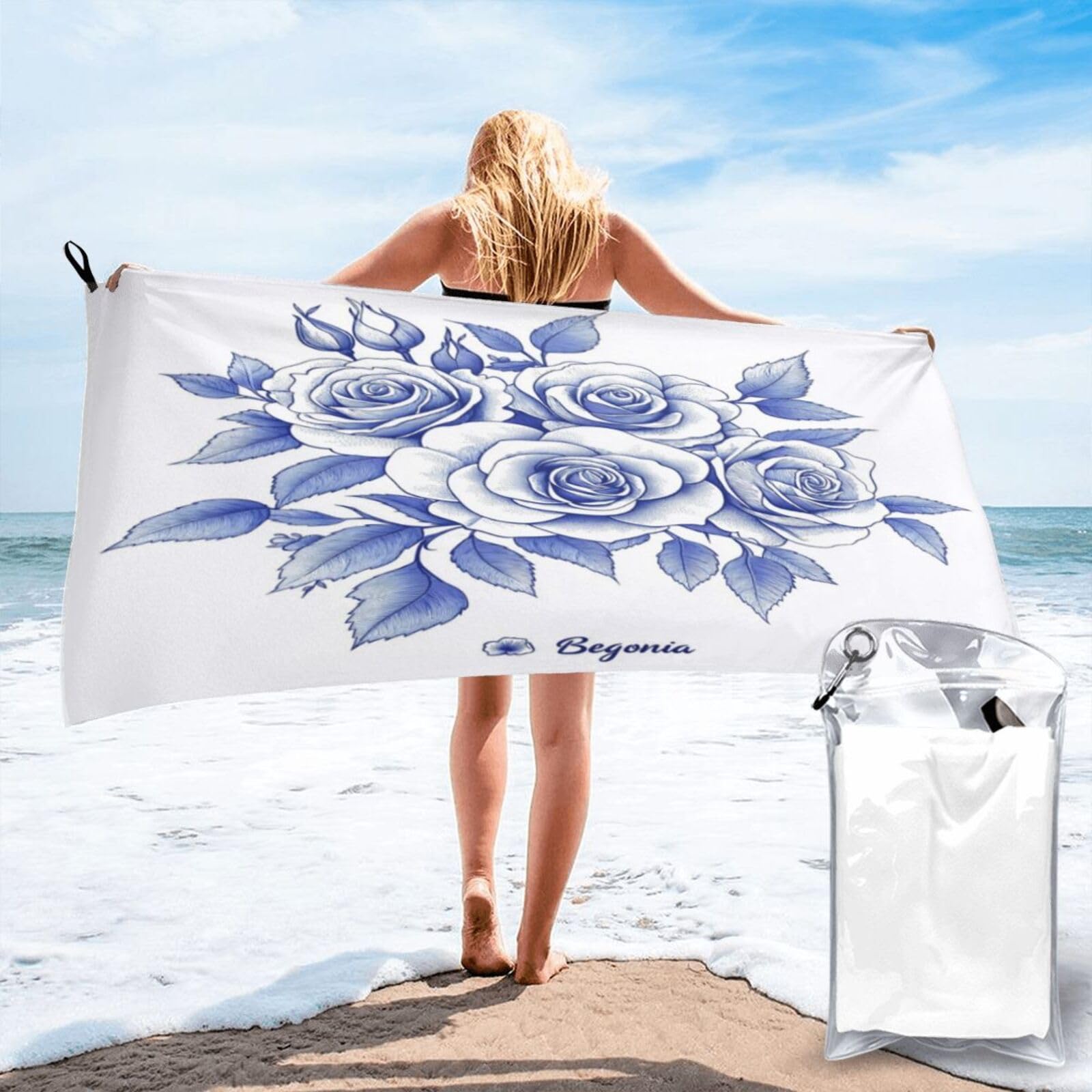 Anceky Detailed Blue Monochrome Rose Bouquet Illustration Quick Dry Microfiber Travel Towel with Carry Case and Carabiner 31.5"X63"