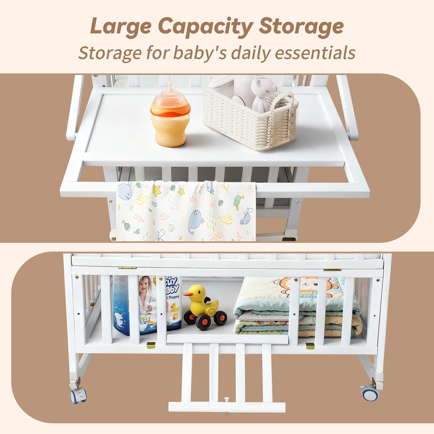 Portable Mini Baby Crib - Cunas para Bebes with Changing Shelf and Mattress Included,2025 Wheeled Wood Baby Bassinet,Bassinet Bedside Co Sleeper for Small Room,White