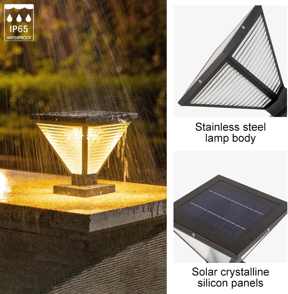 Solar Post Light Outdoor Column Lamp Black Fence Cap Deck Pillar Light Exterior Pillar Lantern Column Lamps Outside House Lighting IP65 Waterproof Patio Garden Landscape Lights