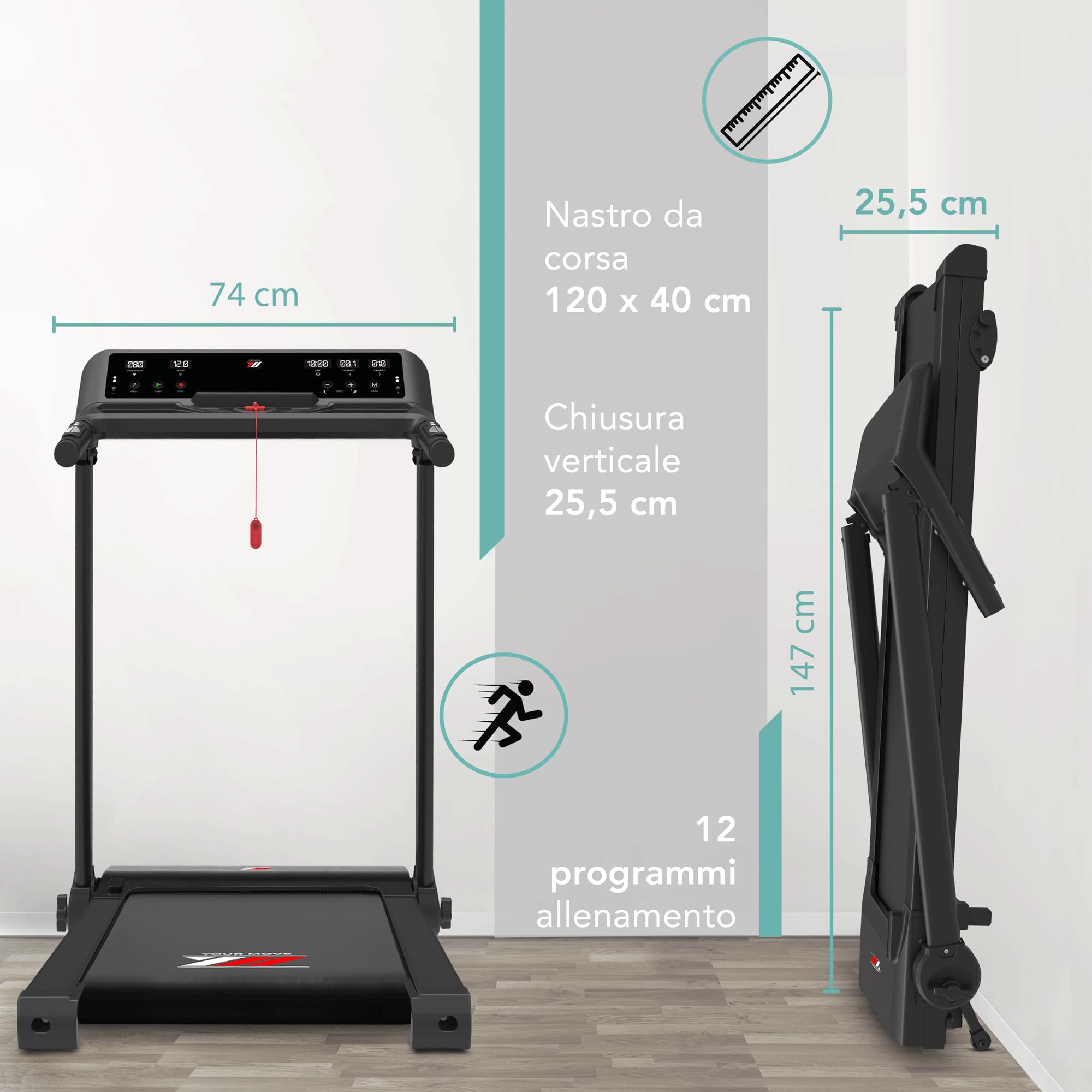 YM Tapis Roulant Salvaspazio 16 km/h, Marchio Italiano, Inclinazione, APP Compatibili, Pieghevole, Ampia Superfice, 2 Sistemi Controllo (TASTI + GESTUALE) Brevettato, NEXT 4000 Your Move