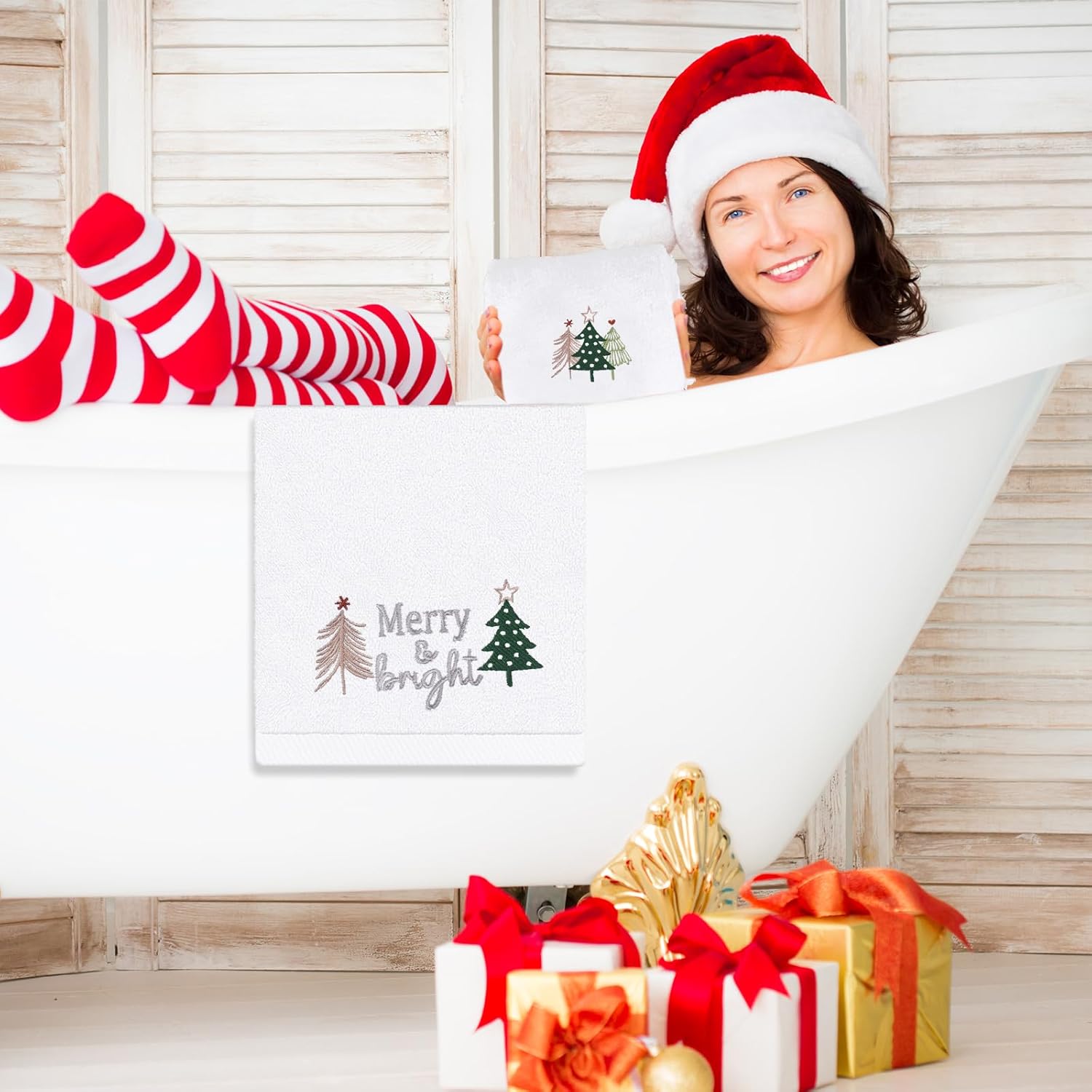 JarThenaAMCS Christmas Boho Bathroom Towels Set of 3 Xmas Pine Tree Embroidered Cotton Towels Winter Hand Towels for Kitchen Dish Drying Cleaning