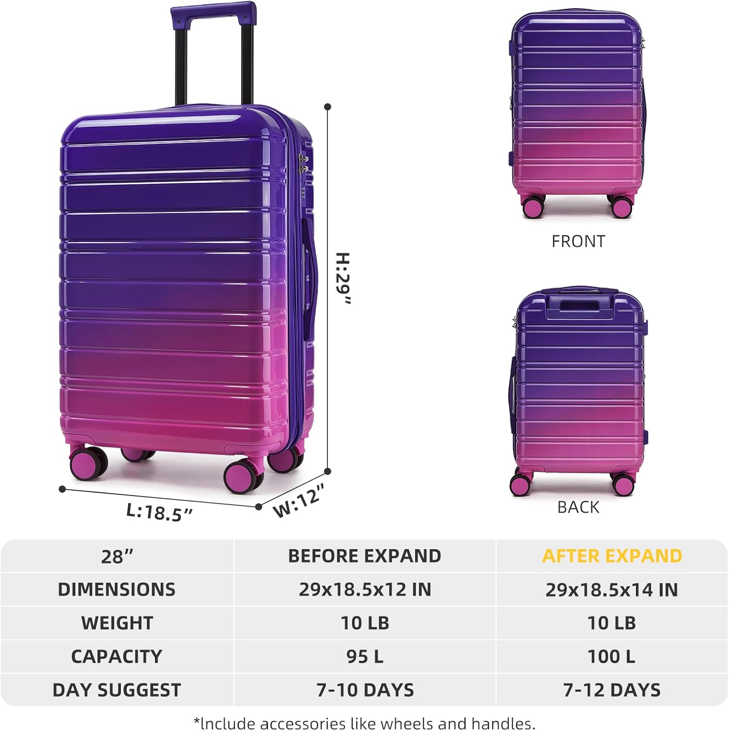 LARVENDER 28 Inch Checked Luggage with Spinner Wheels, PC+ABS Expandable Large Suitcases with Wheels, Travel Luggage sets for Women and Men, Midnight Berry