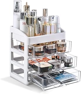 NEALYSEA Makeup Organizer for Vanity, Cosmetic Display Cases with 3 Drawers for Skincare, Lipsticks, Jewelry, Nail Care, Desk Organizer for Bathroom, Dresser Countertop (Clear)