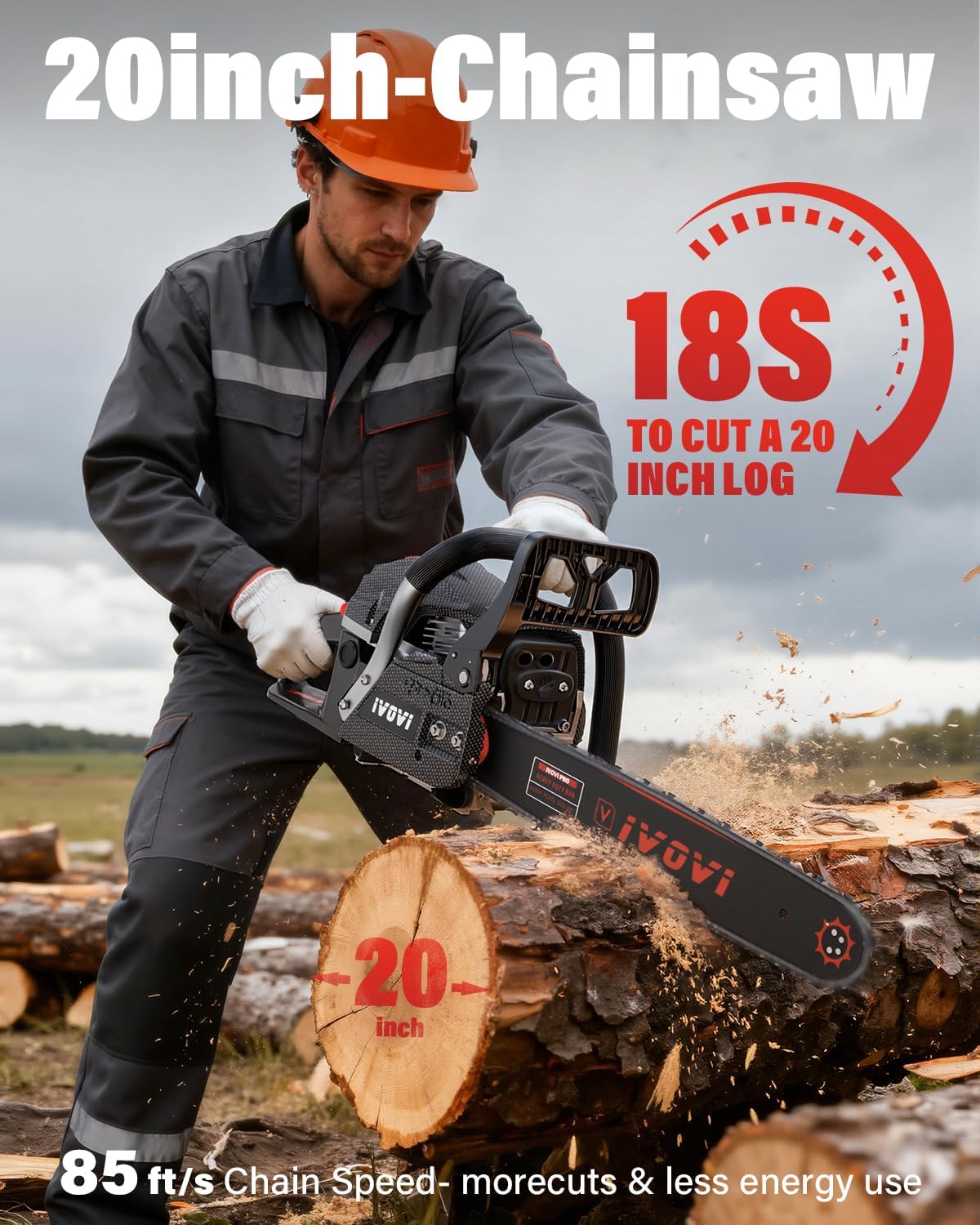 63CC Gas Powered Chainsaw with 20 and 18 Inch Bars, 3.7HP 2-Cycle Engine for Tree Felling, Logging and Firewood Preparation, Includes Portable Carrying Pouch and Tool Kit (Black)