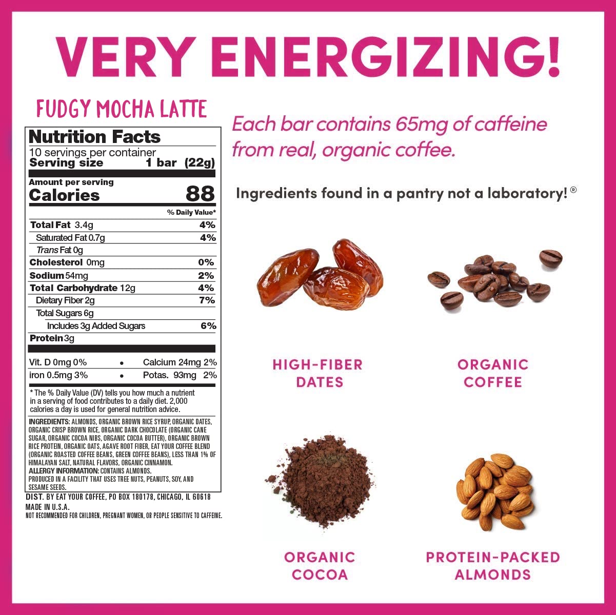 Bocaditos de café con cafeína, Eat Your Coffee Energy Bar Latte dulce ...
