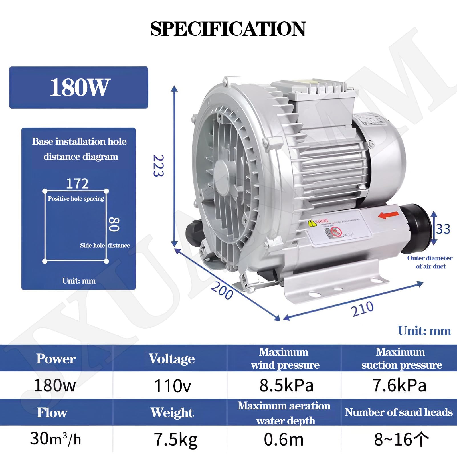 Soplador regenerativo, Soplador de Vortex de Alta presión monofásico de 220V 50Hz, Soplador de Anillo para Estanque de Peces, para soplado de Aire,110V-180W