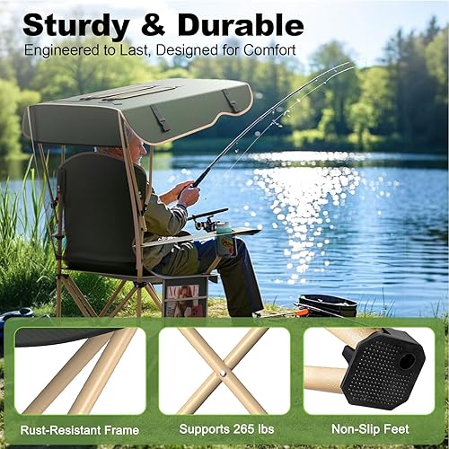 Miniatura 6 de Silla de camping portátil con dosel, silla plegable con toldo, silla Oxford 600D duradera para camping, playa, picnic, pesca y deportes