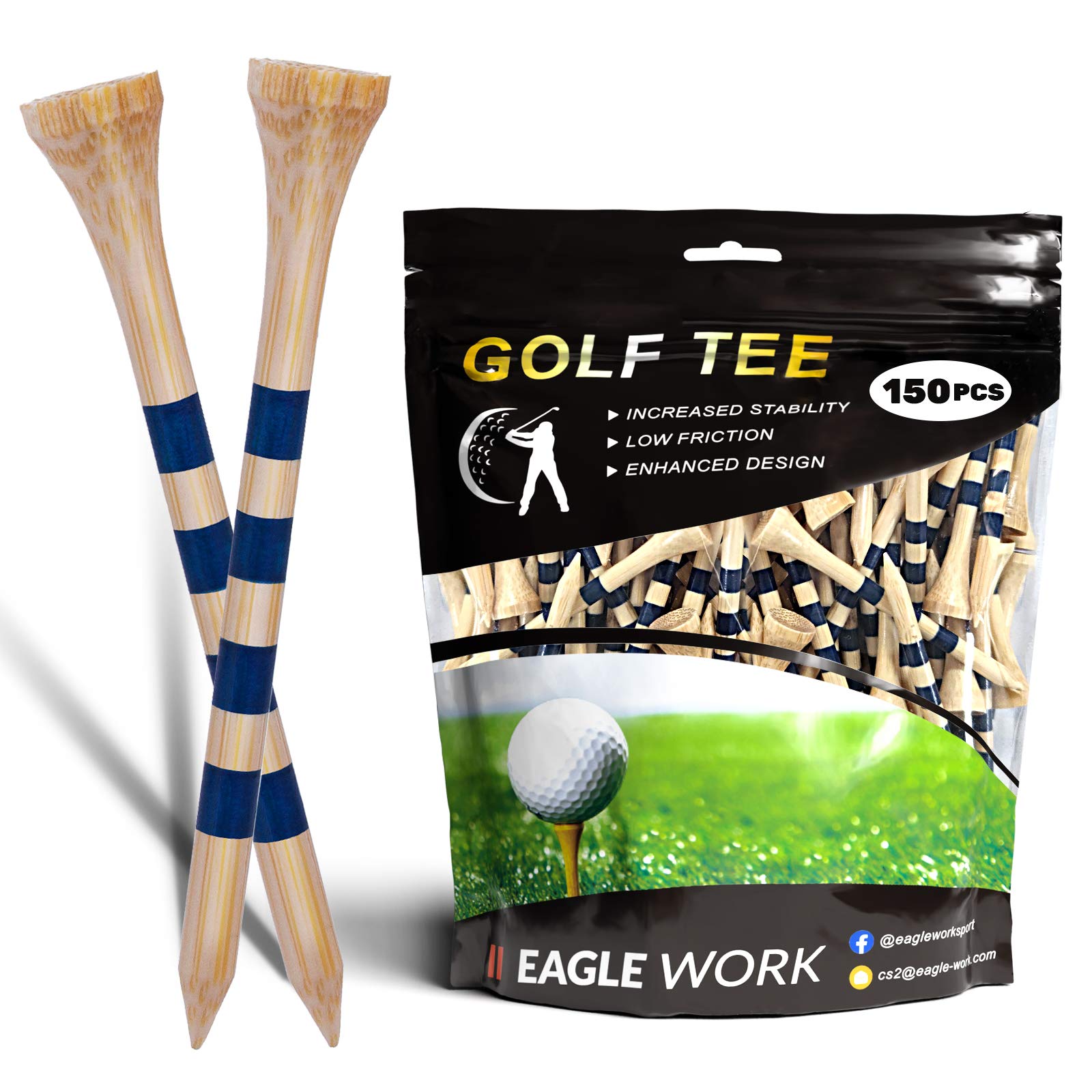 'EAGLE WORK Bamboo Golf Tees, 4 (1-1/2'', 2-1/8'', 2-3/4'' & 3-1/4''), Pack of 150/100 Professional Tees, Reduce Friction & Side Spin, More Durable and Stable Golf Tees'