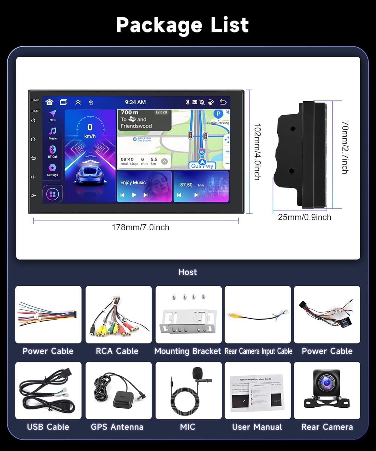 Diagram showing all components included in the Podofo car stereo package