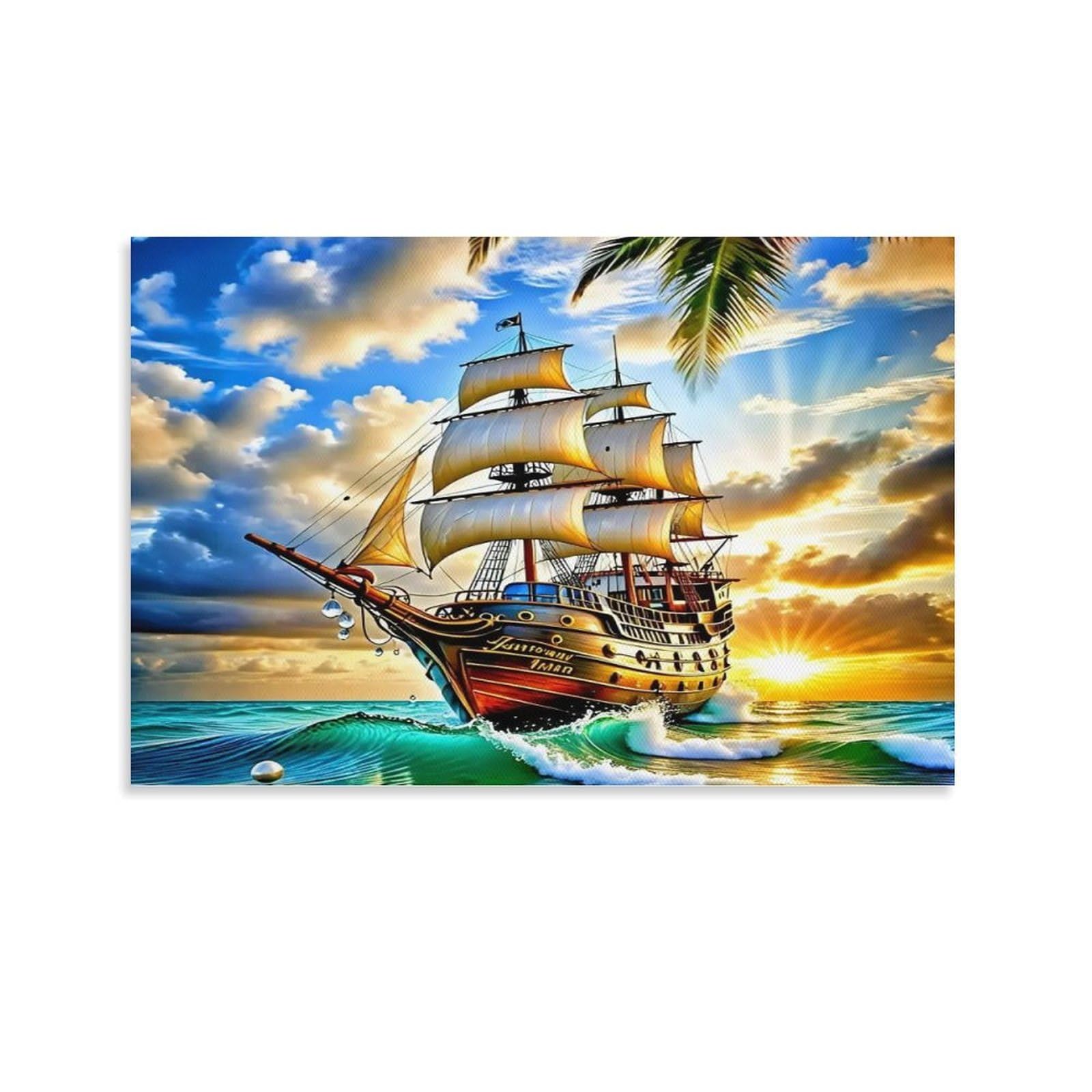 CPLVKWRQJ Seashells And Sailboat at Sunset Beach Single Vintage Sailing Ship Sailing at Sunny Sunset Canvas Wall Art - Birthday Gift Office Canvas Print Fade Resistant Wall Decor 20x30inch(50x75cm)