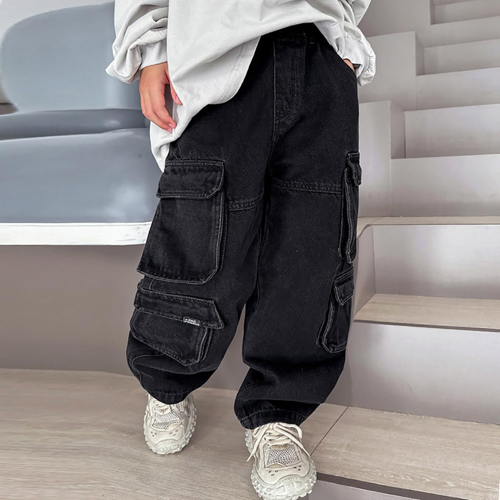Pantalones Cargo Vaqueros Pierna Ancha para Niños Denim Lavado Desgastado con Bolsillos Grandes Pantalones Holgados Resistentes para Viajes Excursiones Familiares Multifuncional Tallas Completas