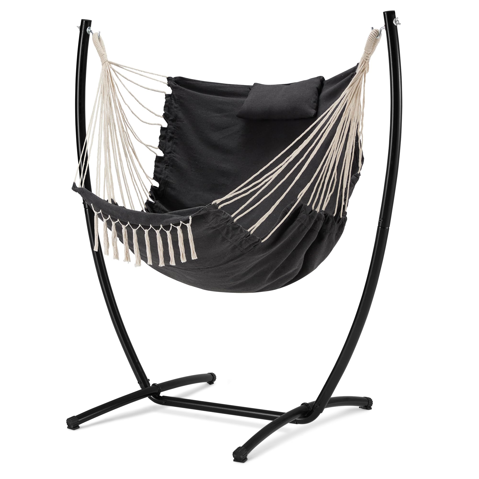 Hammock Chair with Stand,Hanging Chair Flow Bohemian Hand Indoor Outdoor,with Headrest and Side Pockets, Maximum Load Capacity 330lbs(Dark Gray
