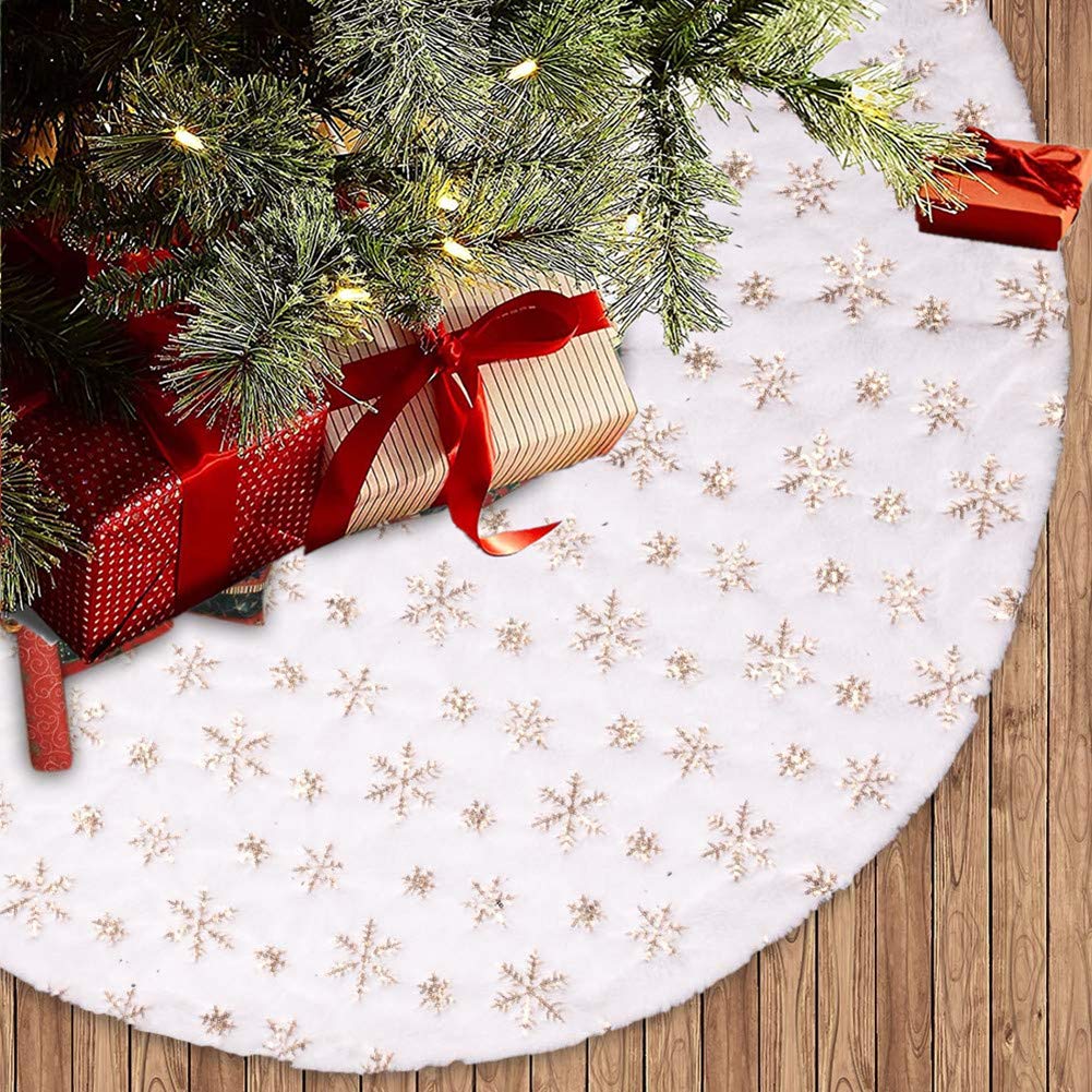 DremislandChristmas Tree Skirt 36" Large White&Gold Luxury Faux Fur Tree Skirt with Snowflakes Super Soft Thick Plush Tree Skirt for Xmas Tree Decoration (Golden, 36inch/90cm)