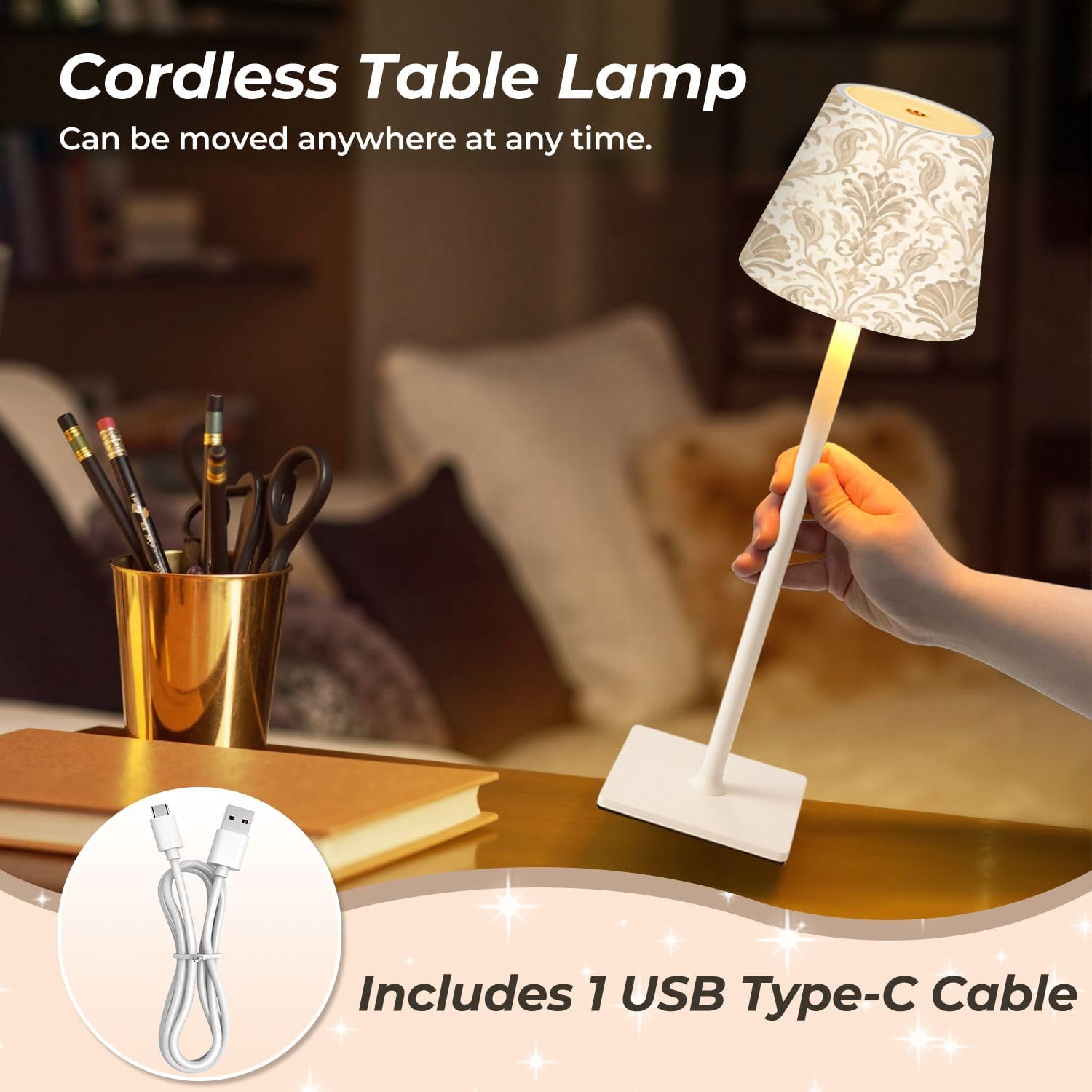 Mahjong Cordless Table Lamp Beige Ornamental Elegant Swirls Floral Motifs LED Desk Lamps Rechargeable 3 Color Dimming Outdoor for Mah Jong Table Nightstand Living Room Gift image 5