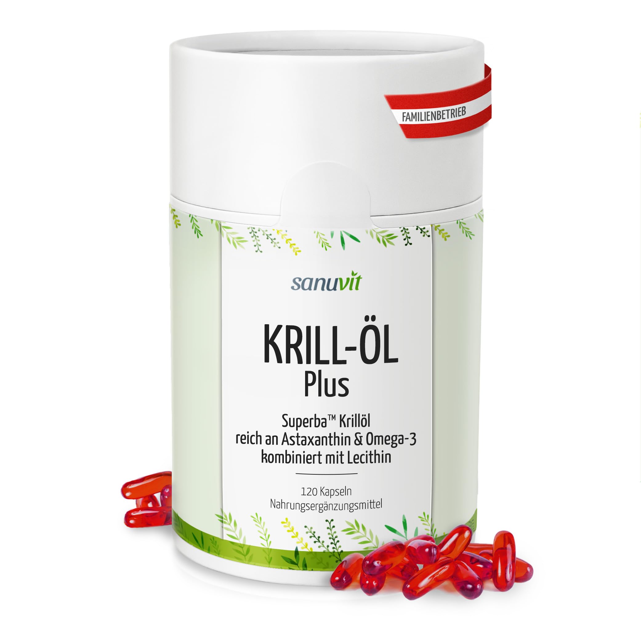 Sanuvit® - Krillöl Plus | 500 mg pro Kapsel | 120 Kapseln | Verbessert durch Sonnenblumenlecithin | mit Astaxanthin & Omega-3-Fettsäuren | Hergestellt in Österreich